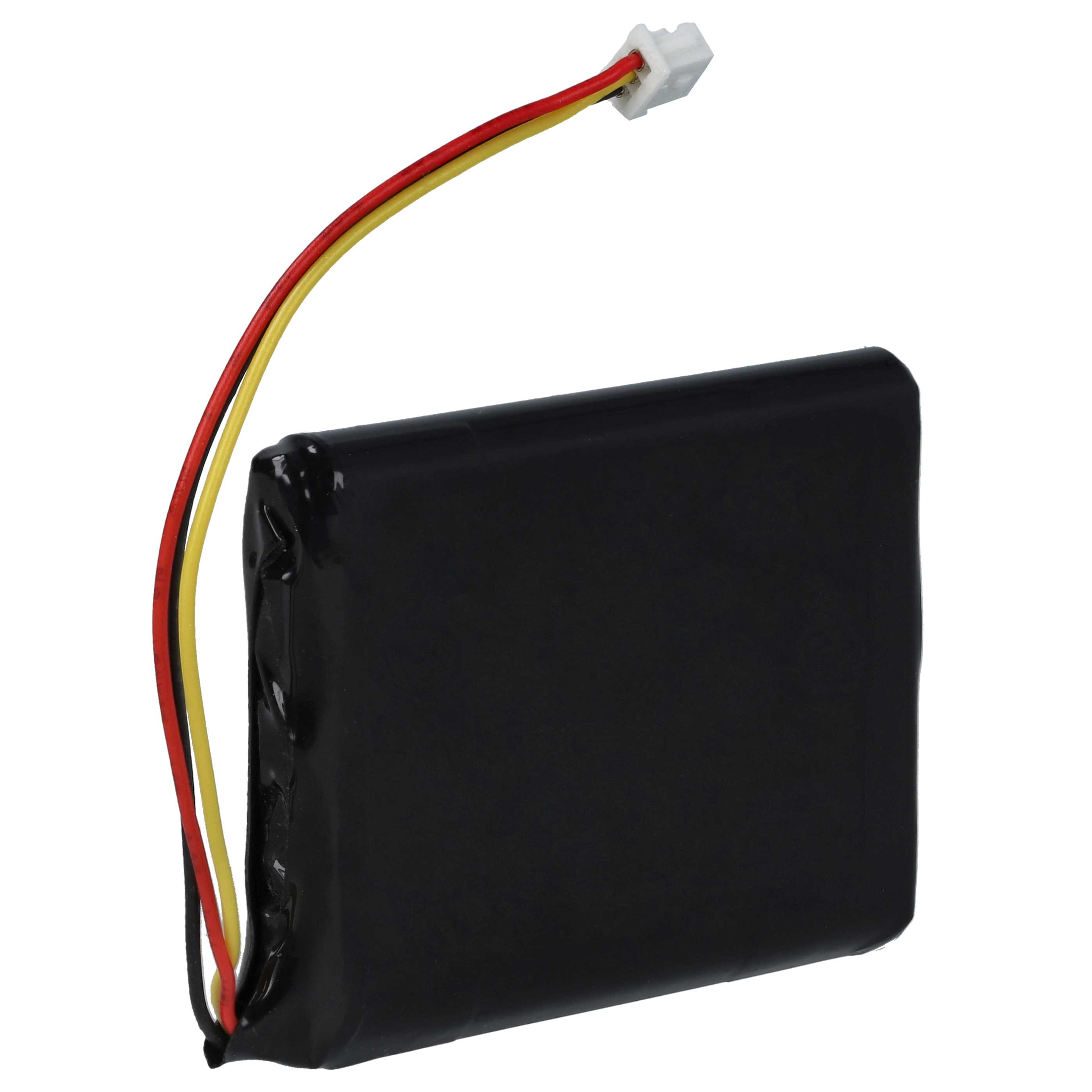 Ein schwarzer, rechteckiger Akku mit roten, gelben und weißen Drähten, die an einem weißen Stecker befestigt sind.