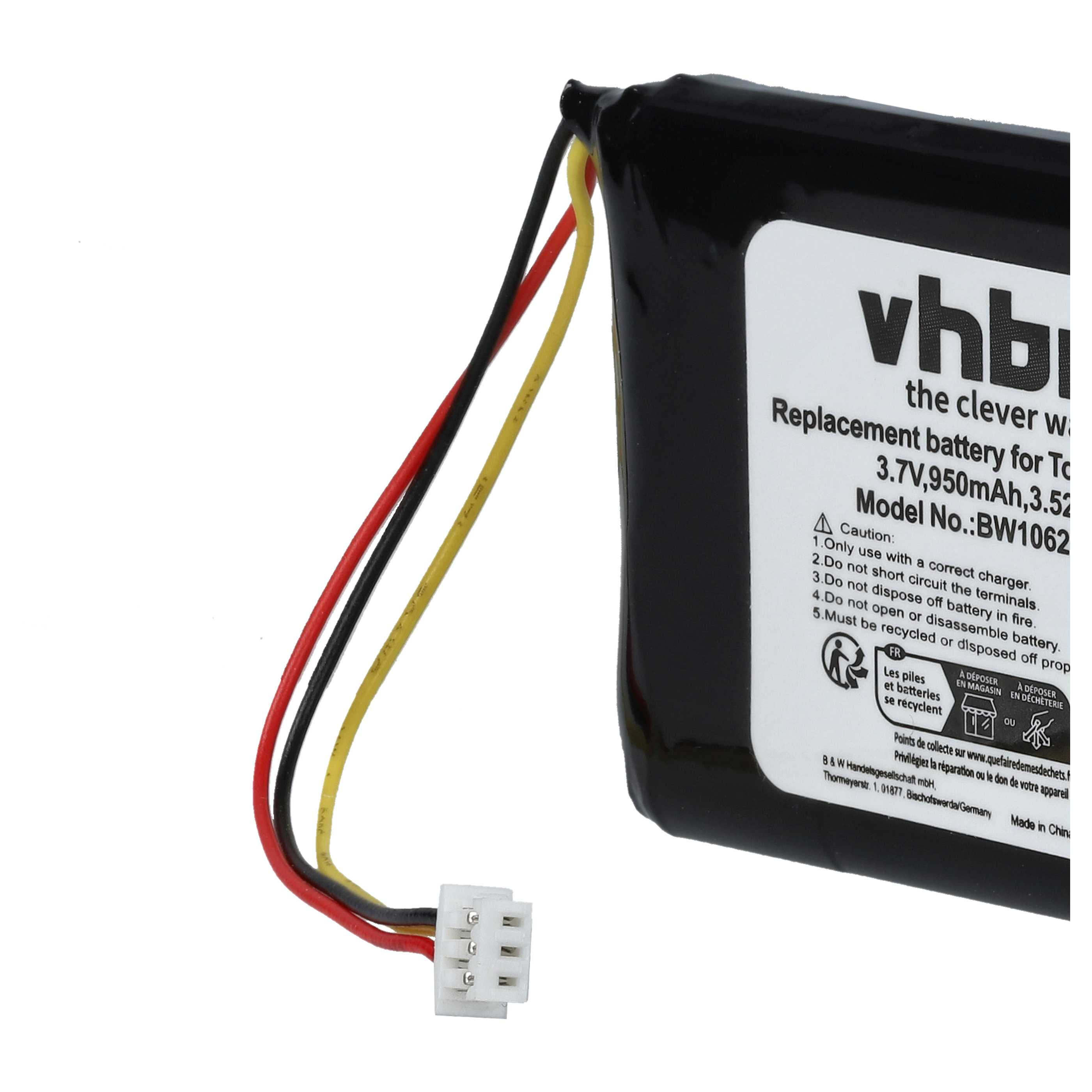 Schwarze Batterie mit Drähten und Stecker. Etikett zeigt Produktinformationen. Weißer Hintergrund.
