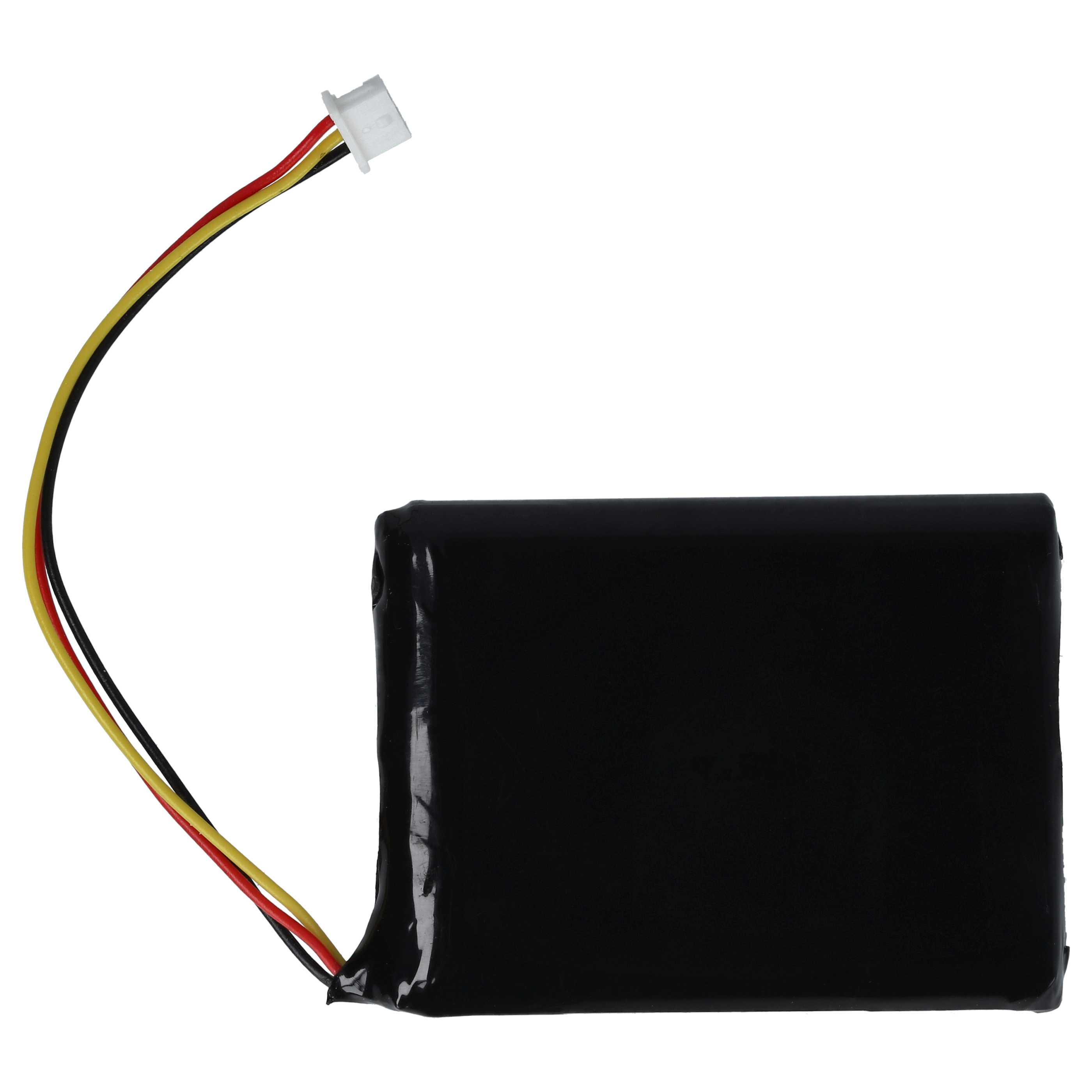 Schwarze Batterie mit roten, gelben und schwarzen Kabeln, weißer Hintergrund.