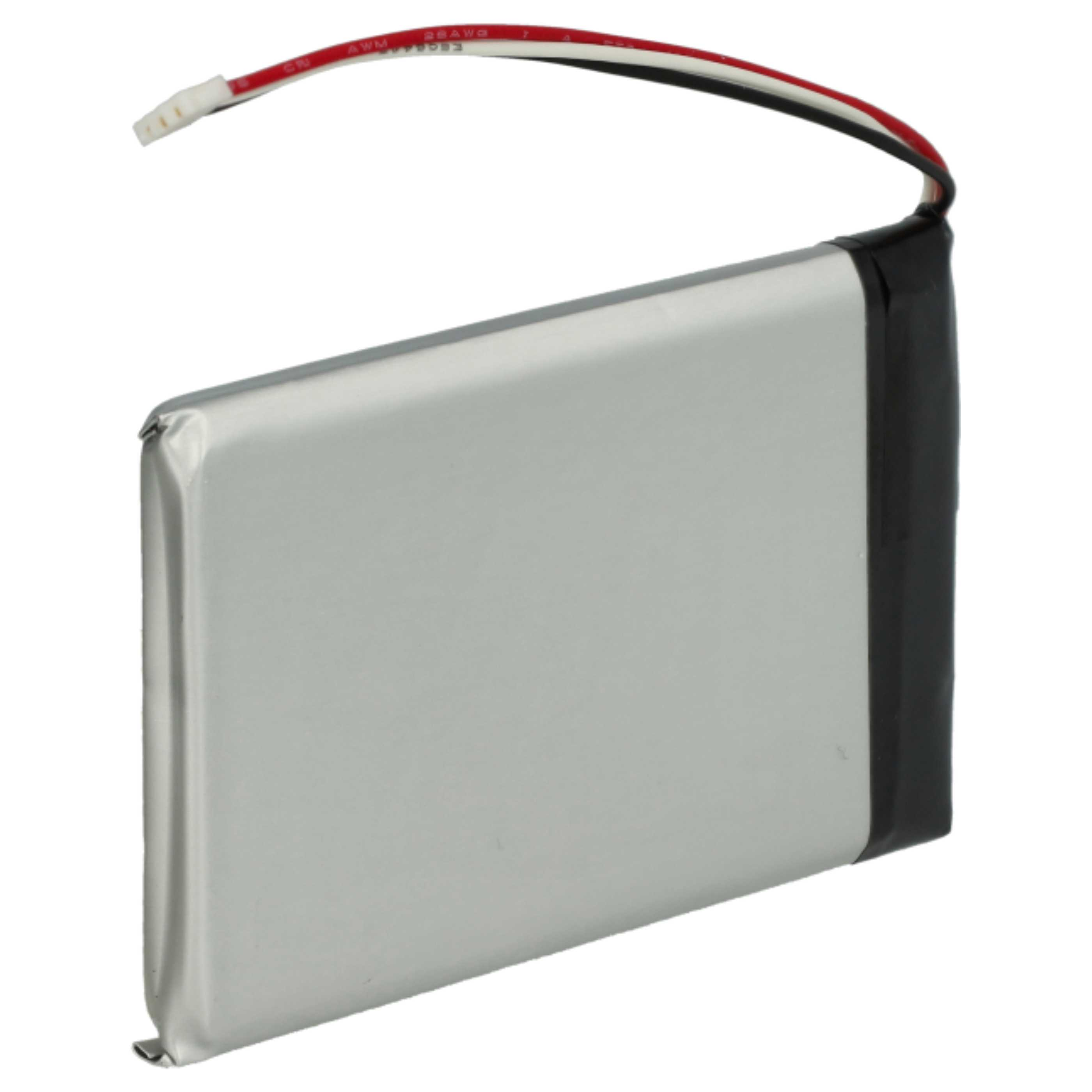Eine silberne rechteckige Batterie mit roten, weißen und schwarzen Drähten.