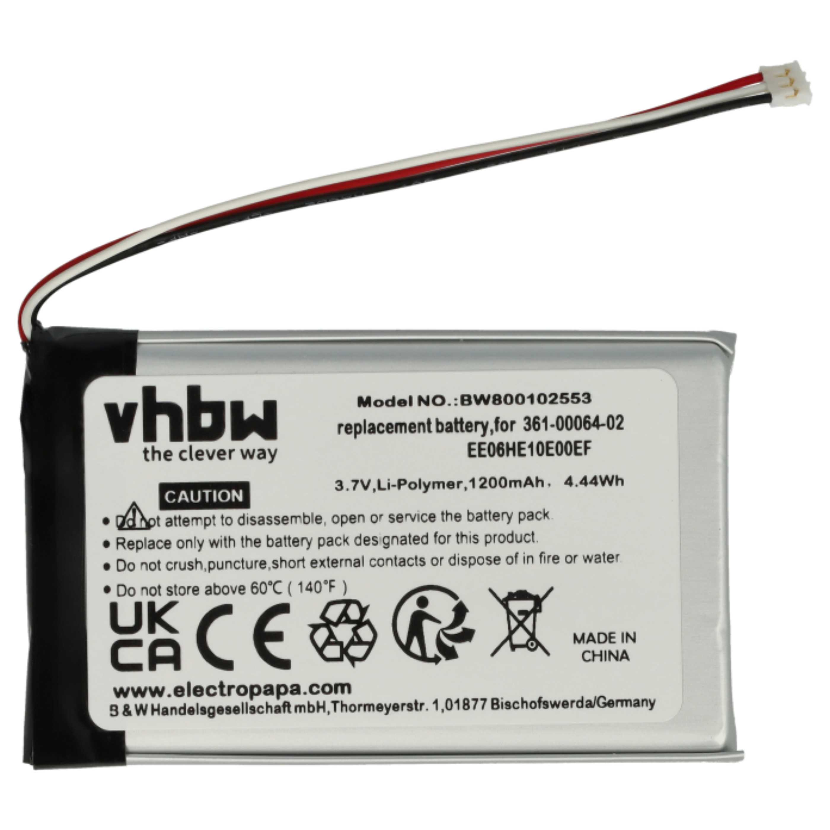 Silberne Batterie mit Etiketten, Warnhinweisen und Drähten.