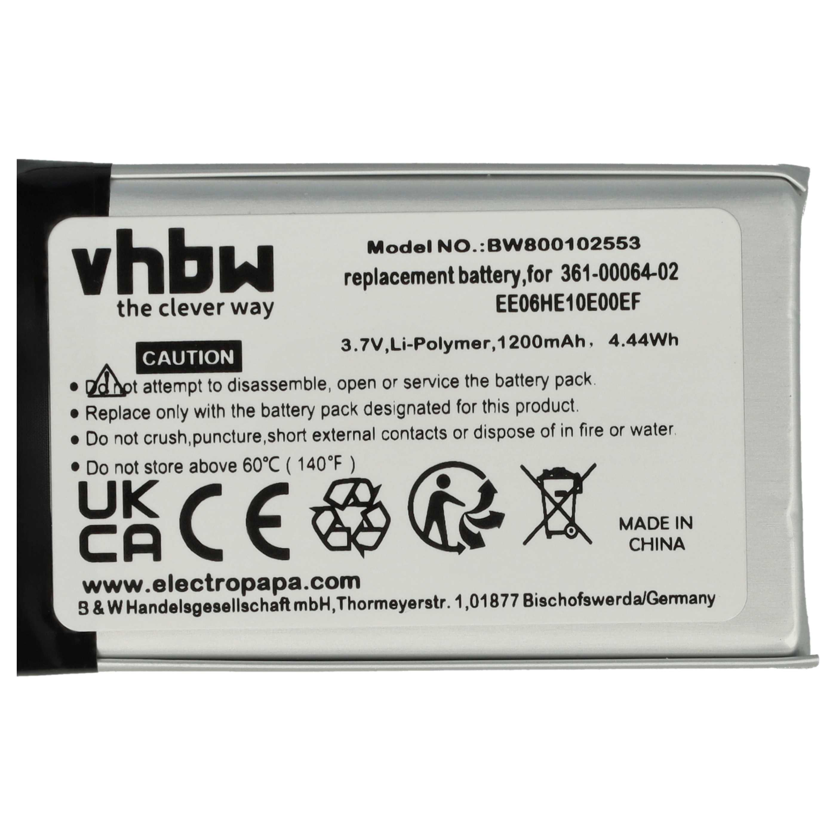 Ein Akku mit der Aufschrift 'VHBW'. Es hat einen schwarzen Rahmen und eine silberne Oberfläche. Enthält Warnungen und Zertifizierungen.