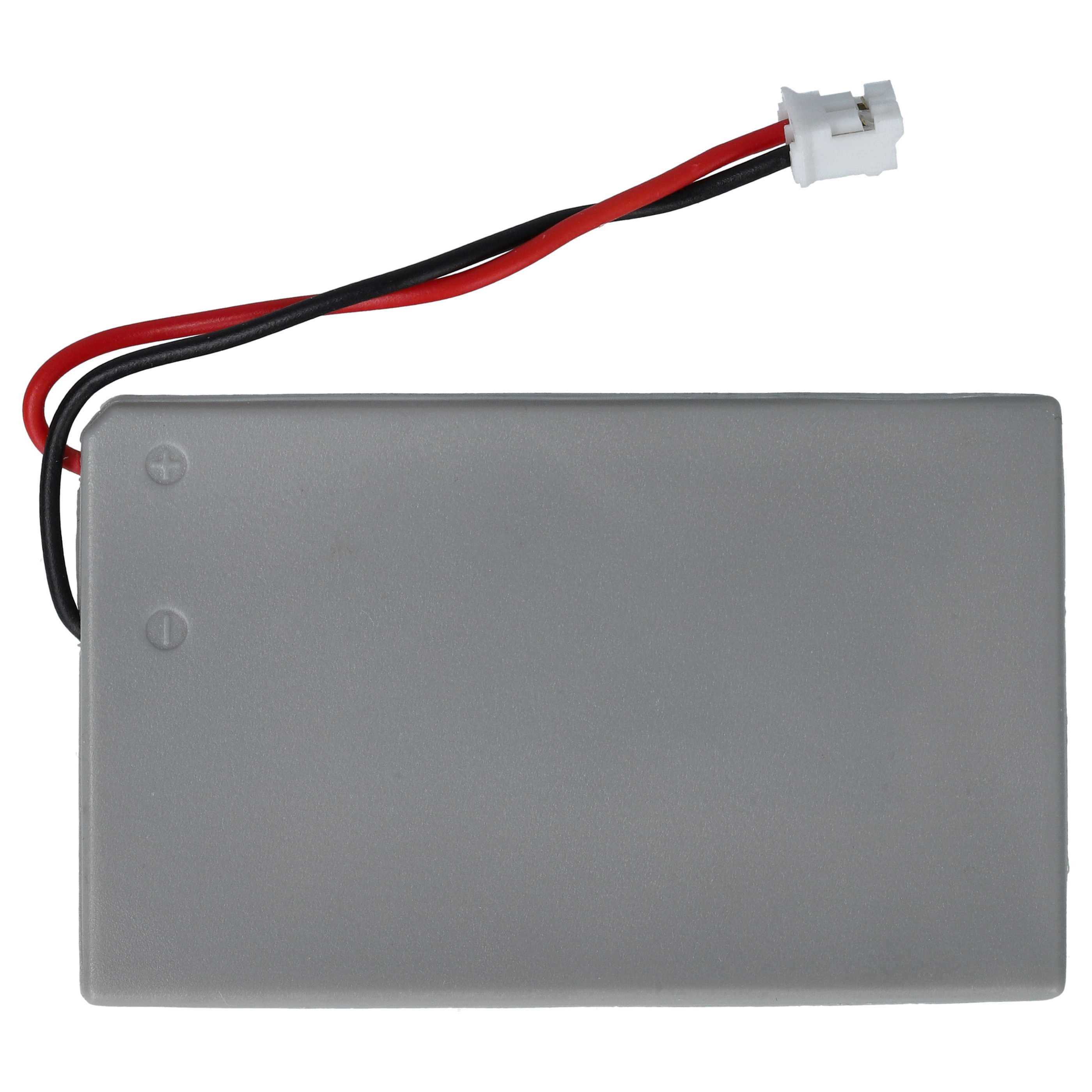 Graue Batterie mit roten und schwarzen Drähten und einem weißen Stecker. Die Batterie hat Plus- und Minuszeichen.