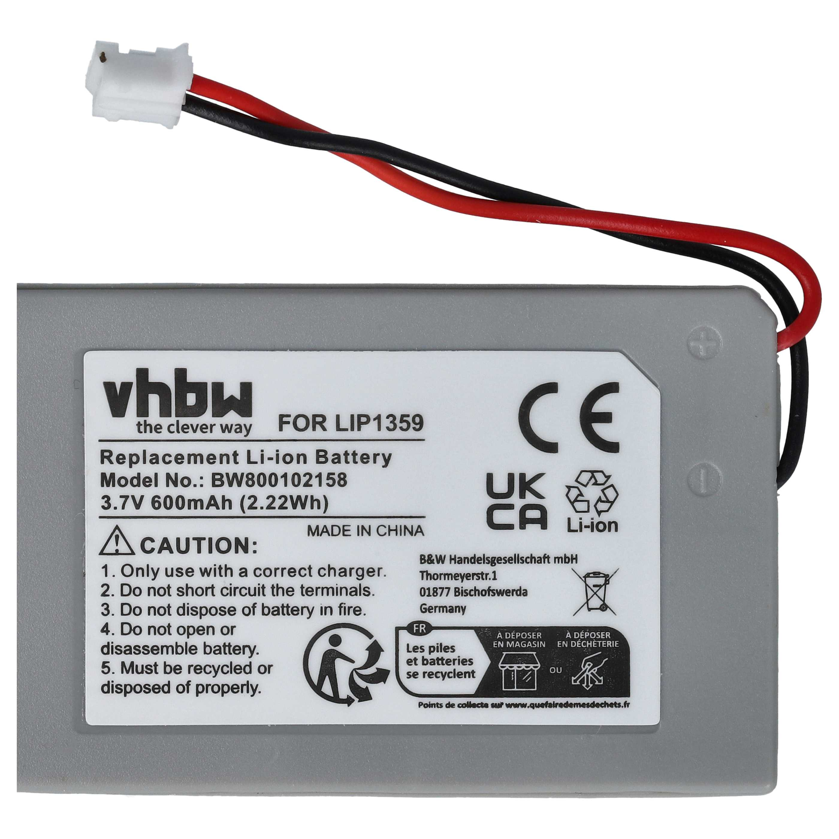 Graue Li-Ion-Ersatzbatterie mit schwarzen und roten Drähten. Enthält Warnhinweise.