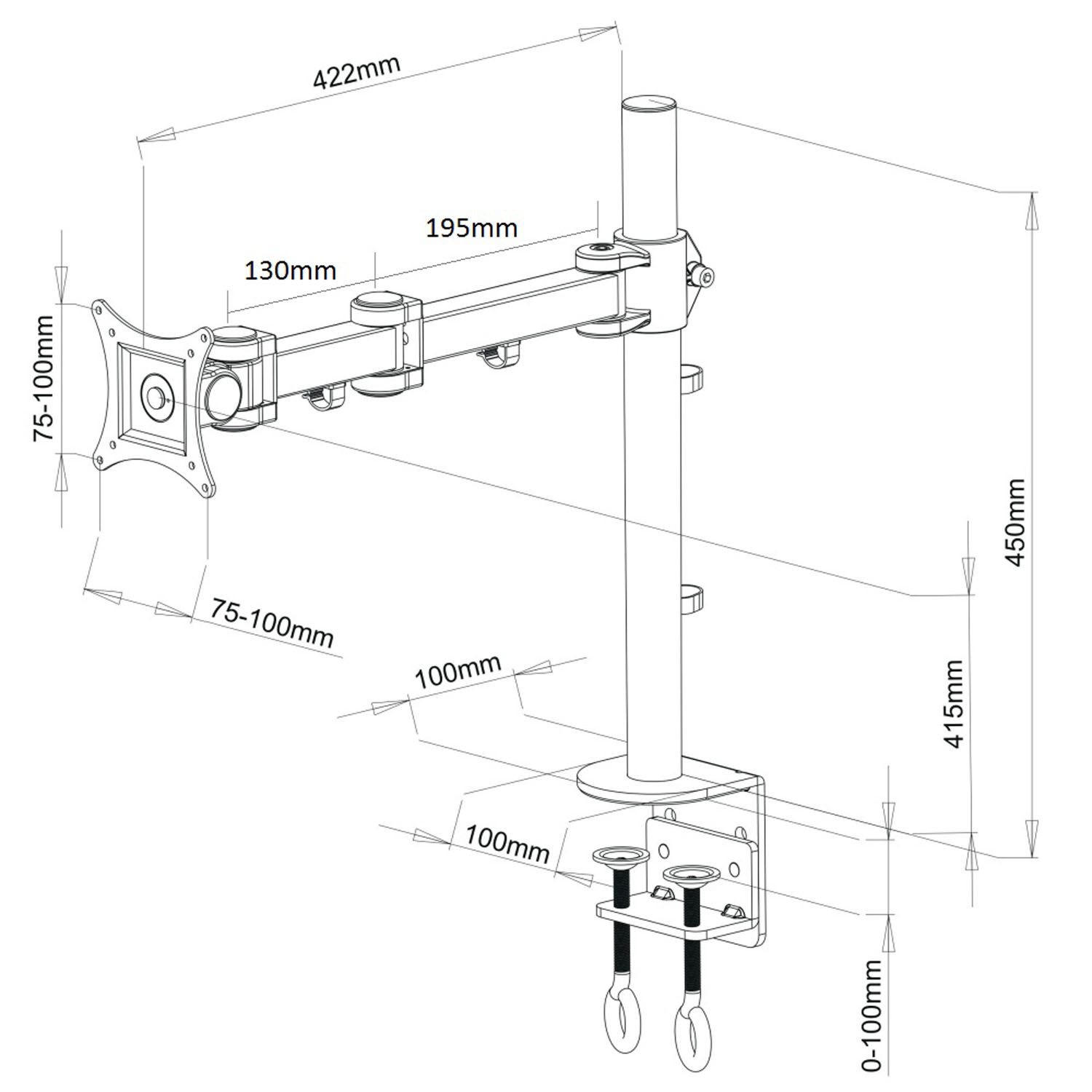 Technische Zeichnung mit den Abmessungen einer Wandhalterung: 422mm, 195mm, 130mm, 450mm, 415mm, 75-100mm, 100mm.