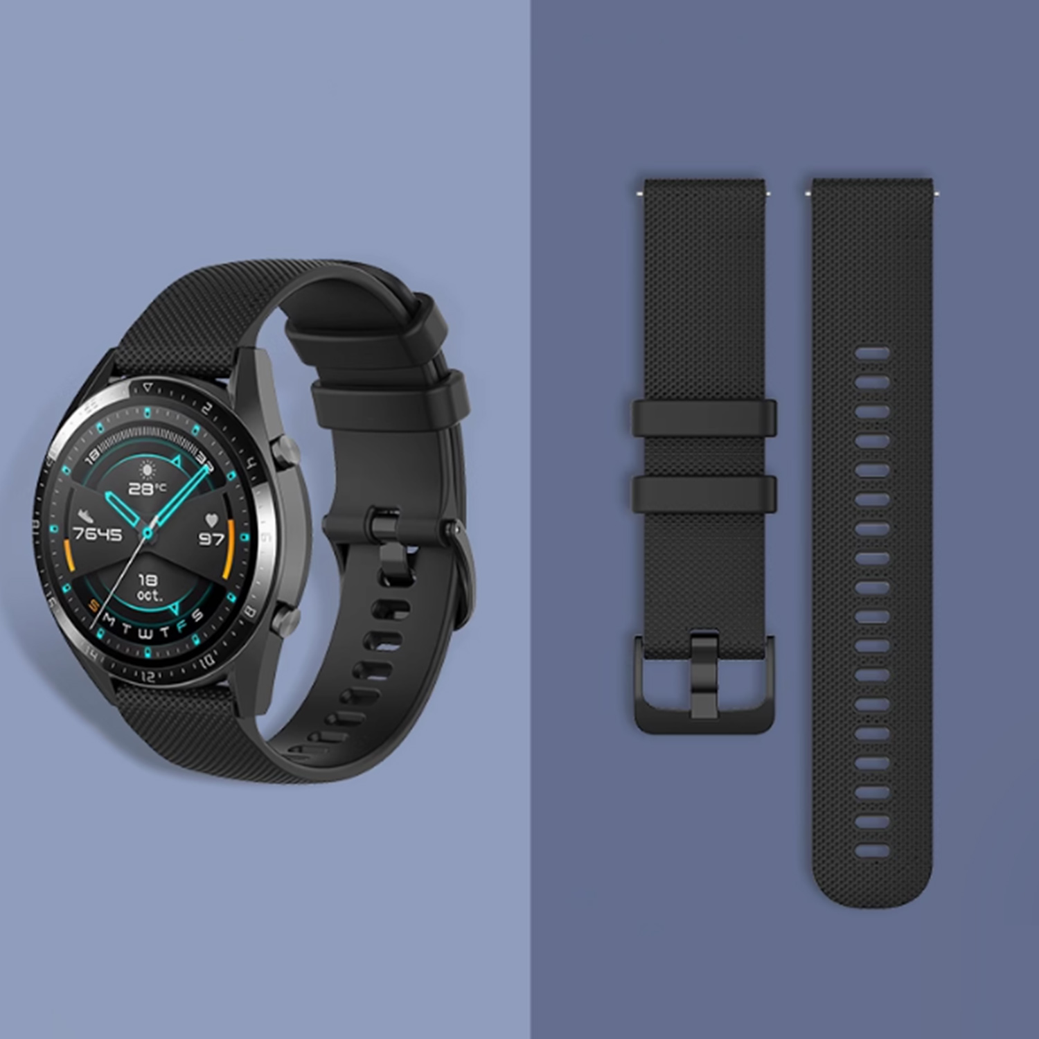 Schwarze Smartwatch mit schwarzem Armband und zusätzlichem Armband. Blauer Hintergrund.