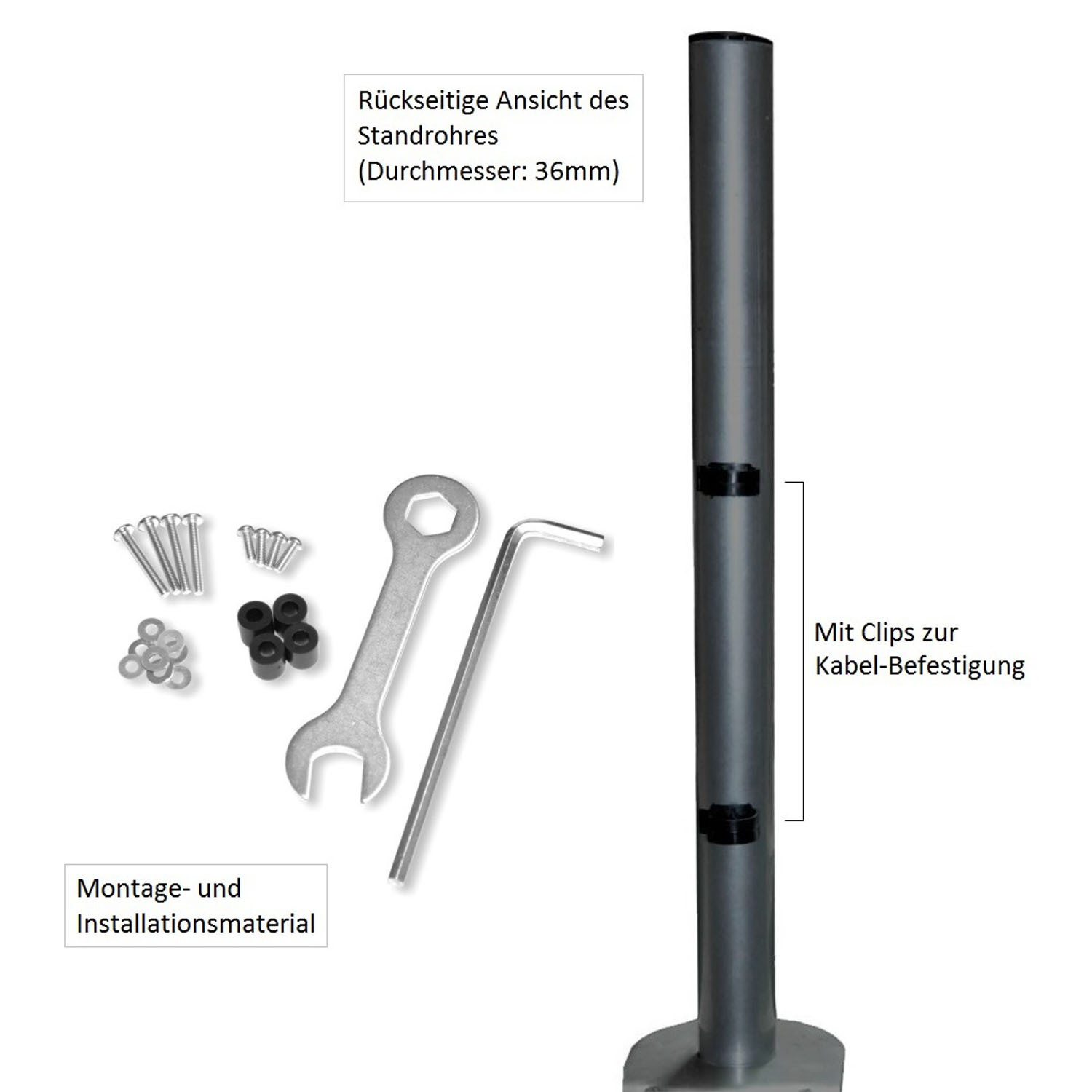 Metallstange mit Werkzeugen: Schrauben, Schraubenschlüssel und Inbusschlüssel. Text: 'Montage- und Installationsmaterial'.