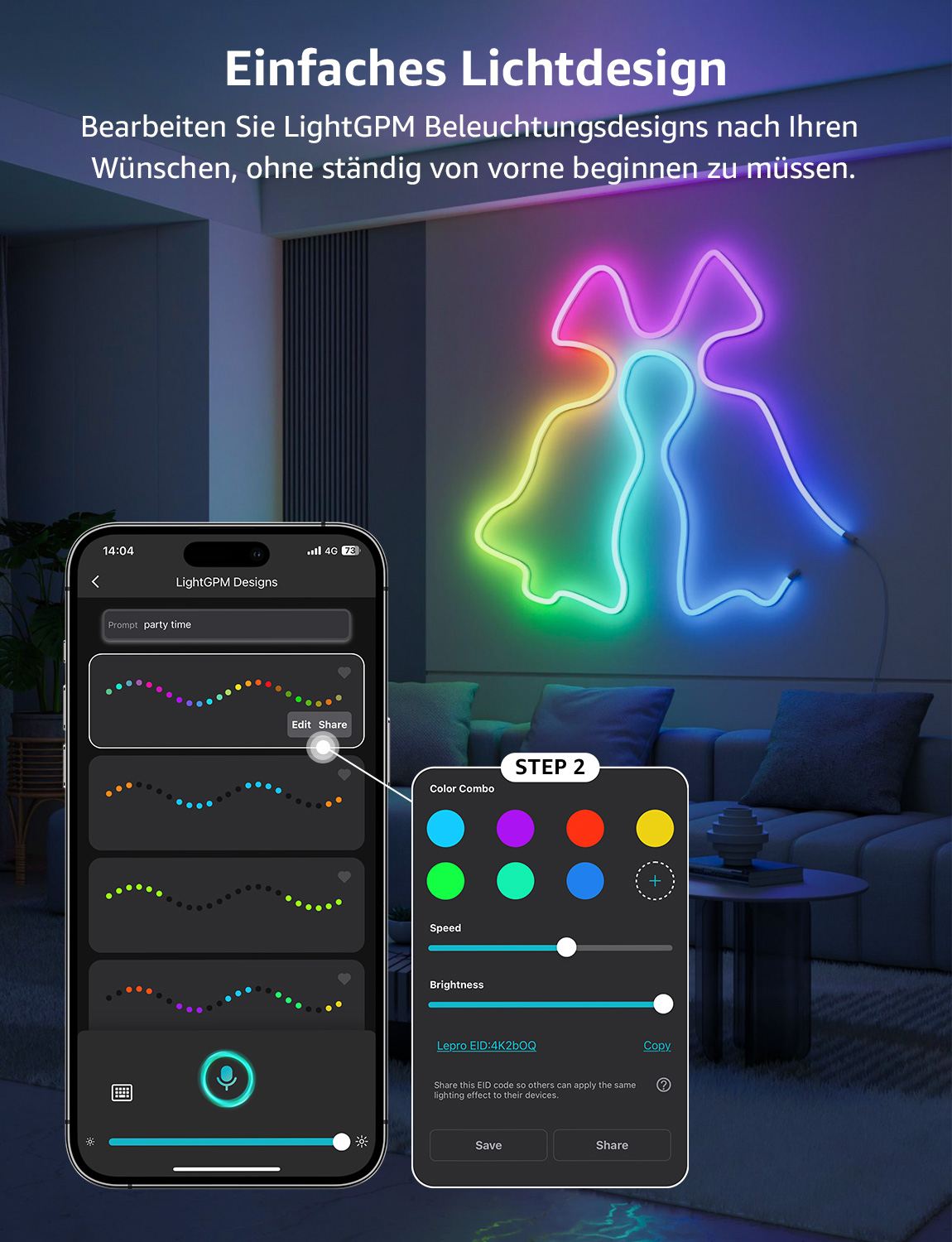 Eine Person verwendet ein Telefon, um ein Lichtset zu steuern. Das Telefon zeigt ein Bedienfeld mit Farboptionen.