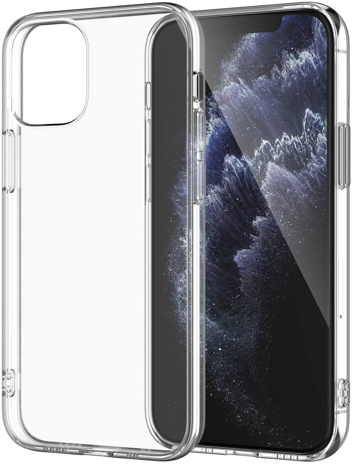 Eine transparente Handyhülle auf einem Telefon, die die Rückseite und die Kamera des Telefons zeigt.