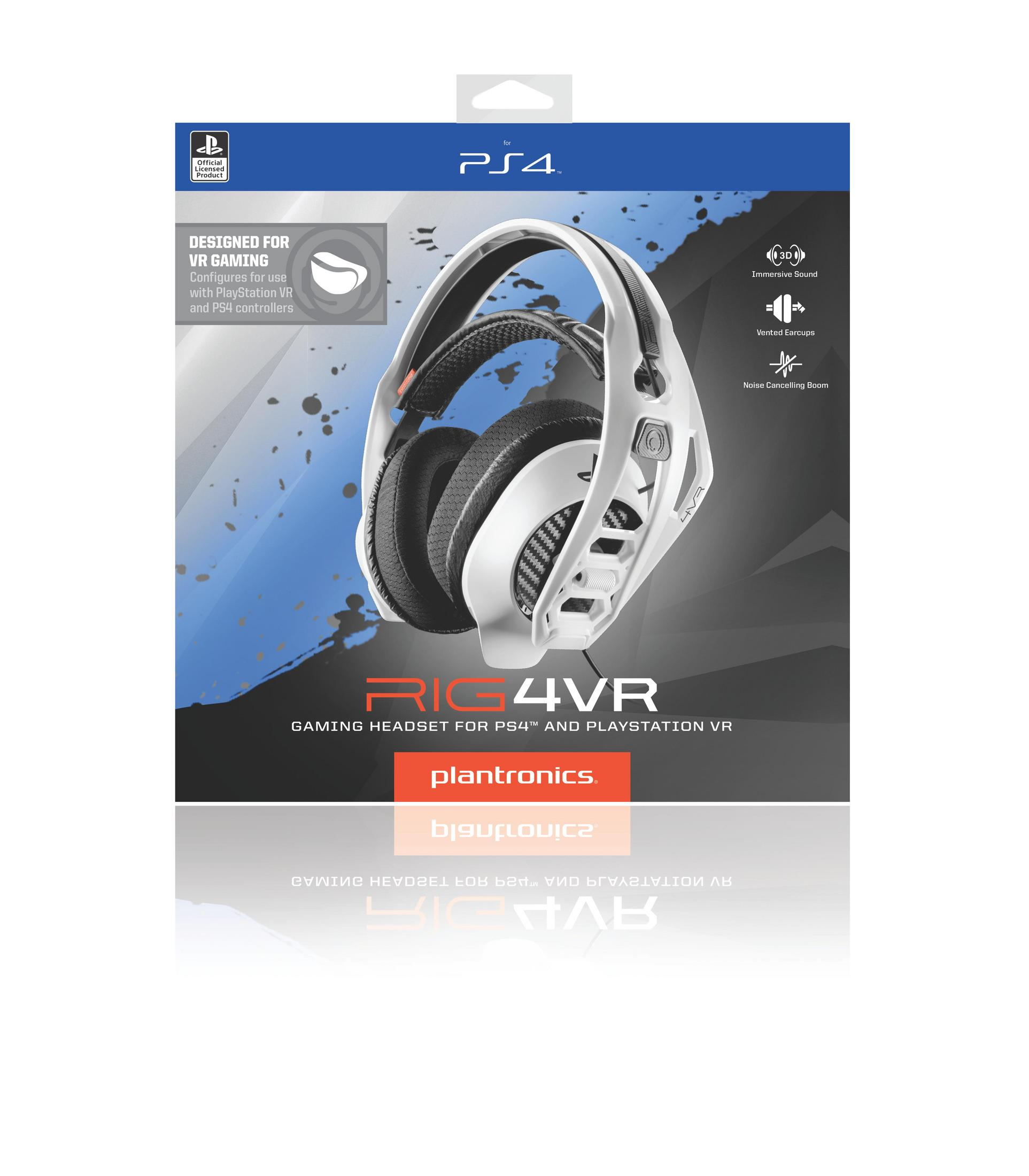 Boîte de casque de jeu blanc et noir pour PS4. Les fonctionnalités incluent le jeu VR et l'annulation du bruit.