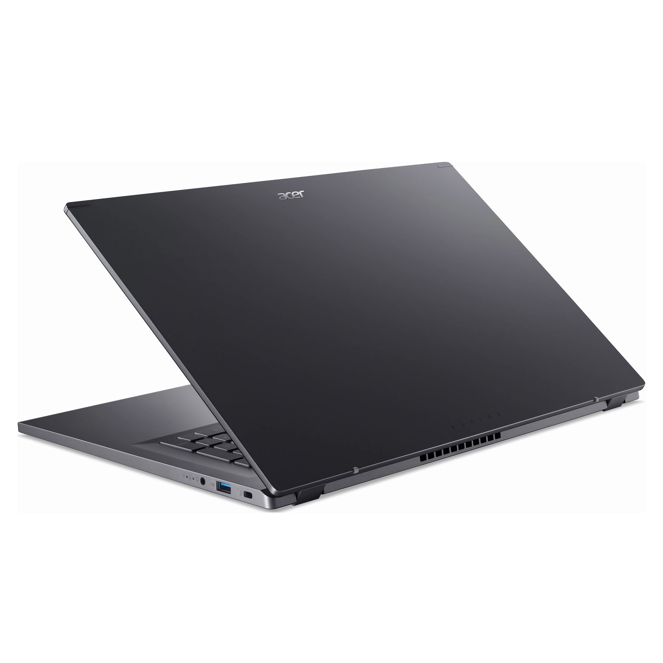 Schwarzer Laptop mit Acer-Logo, teilweise geöffnet, auf weißem Hintergrund abgewinkelt.