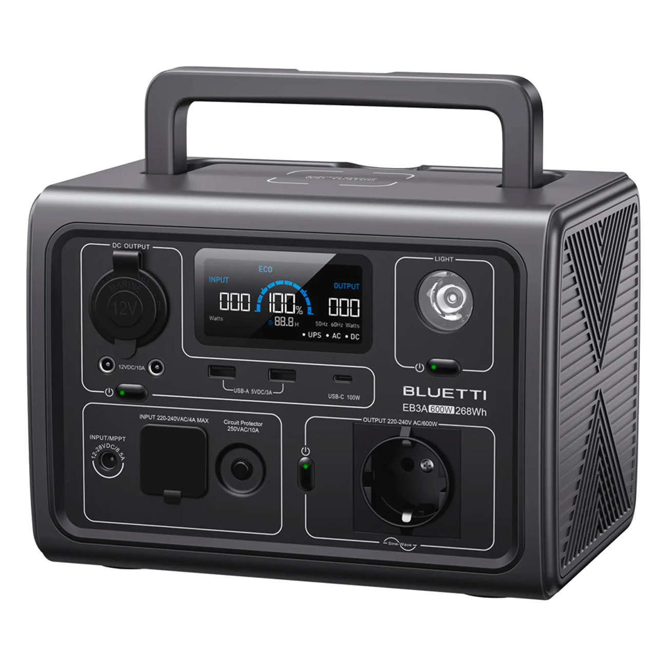 Czarna elektrownia Bluetti EB3A z portami wyjściowymi DC i AC, uchwytem, wyświetlaczem i światłem.