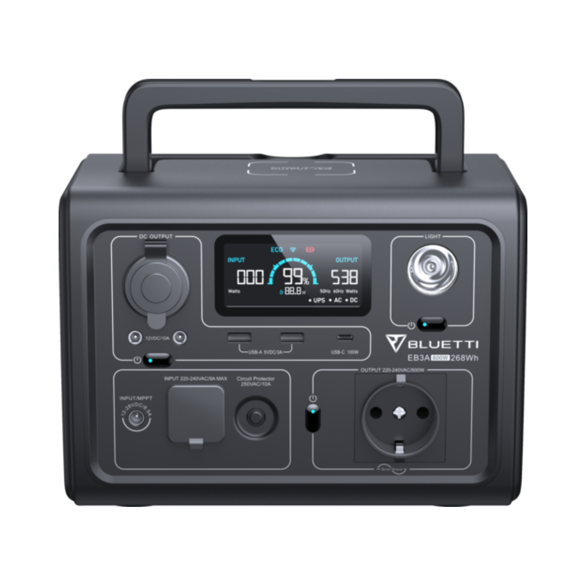 Czarna i szara stacja zasilania z uchwytem, wyświetlaczem cyfrowym i różnymi portami wejścia/wyjścia.