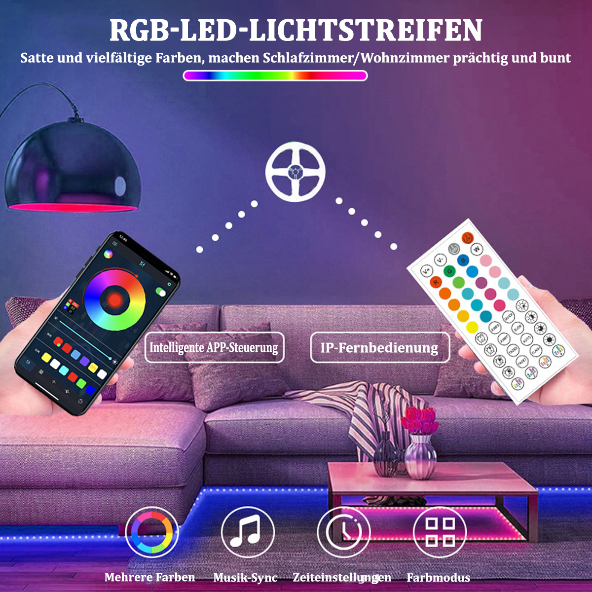 Ein Raum mit installierten RGB-LED-Lichtleisten. Ein Telefon zeigt die App zur Steuerung und eine Fernbedienung.