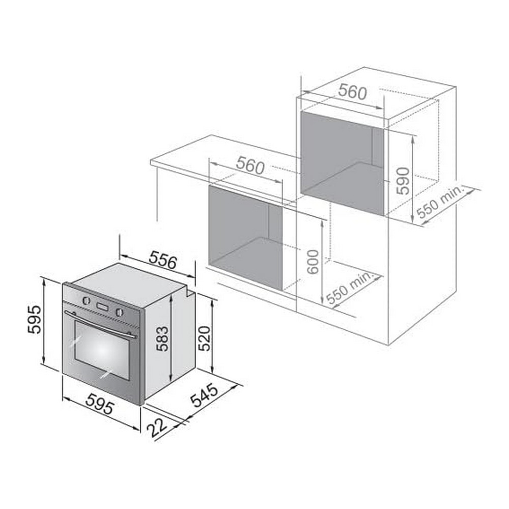 Diagramma di un forno a incasso con dimensioni in millimetri, che mostra il layout.