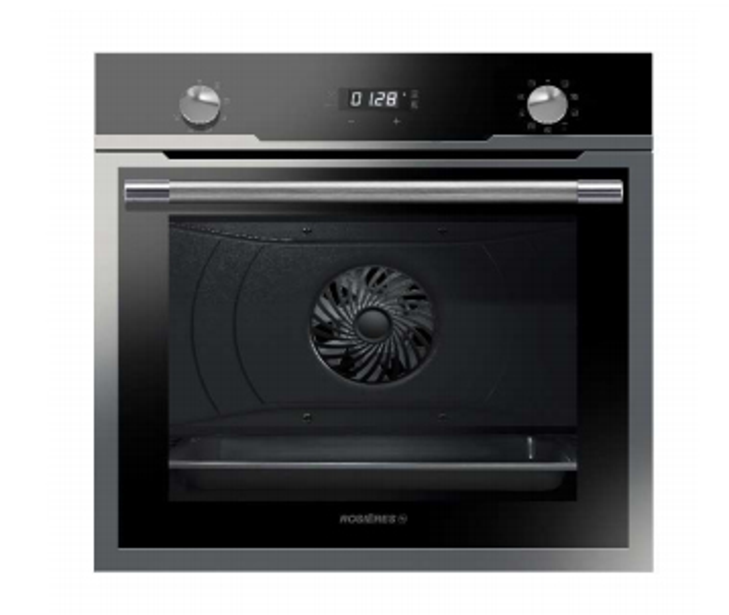 Forno a incasso con display digitale e manopole di controllo. Il forno è nero e acciaio.