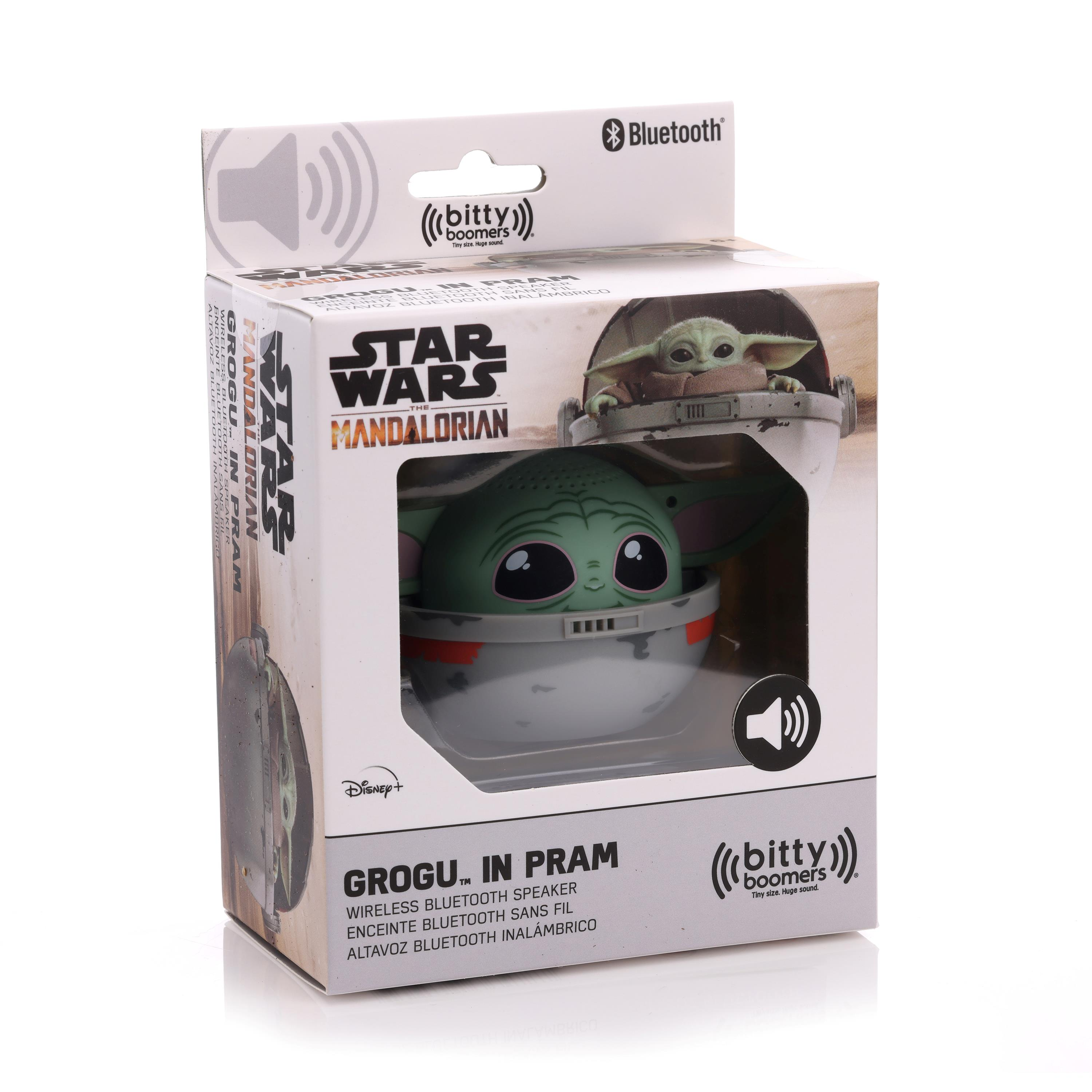 Una caja de altavoz de Grogu in Pram. Muestra a Grogu en su cochecito con la marca Star Wars.