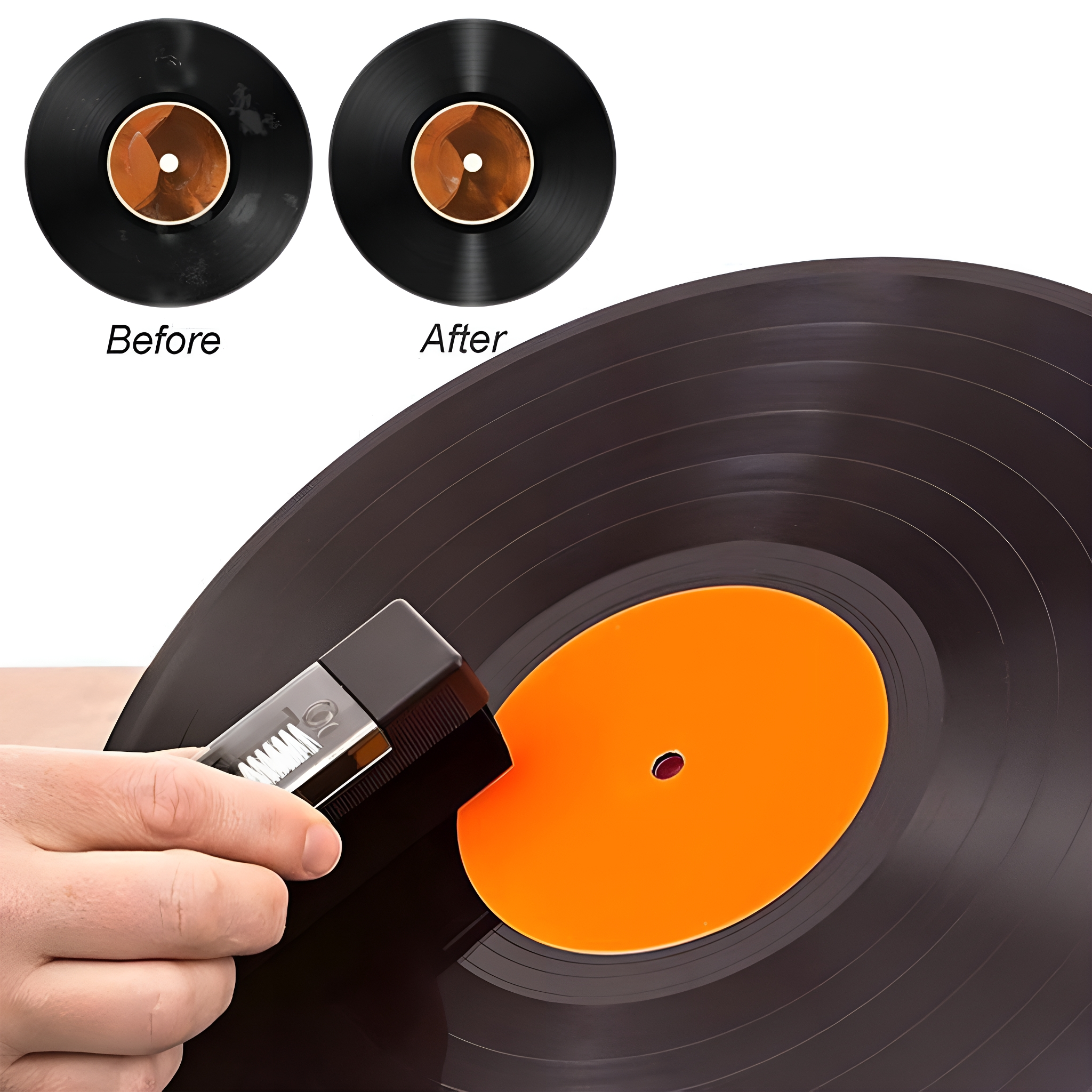 Vinyl-Schallplatte wird mit Gerät gereinigt. Vorher/Nachher wird gezeigt.