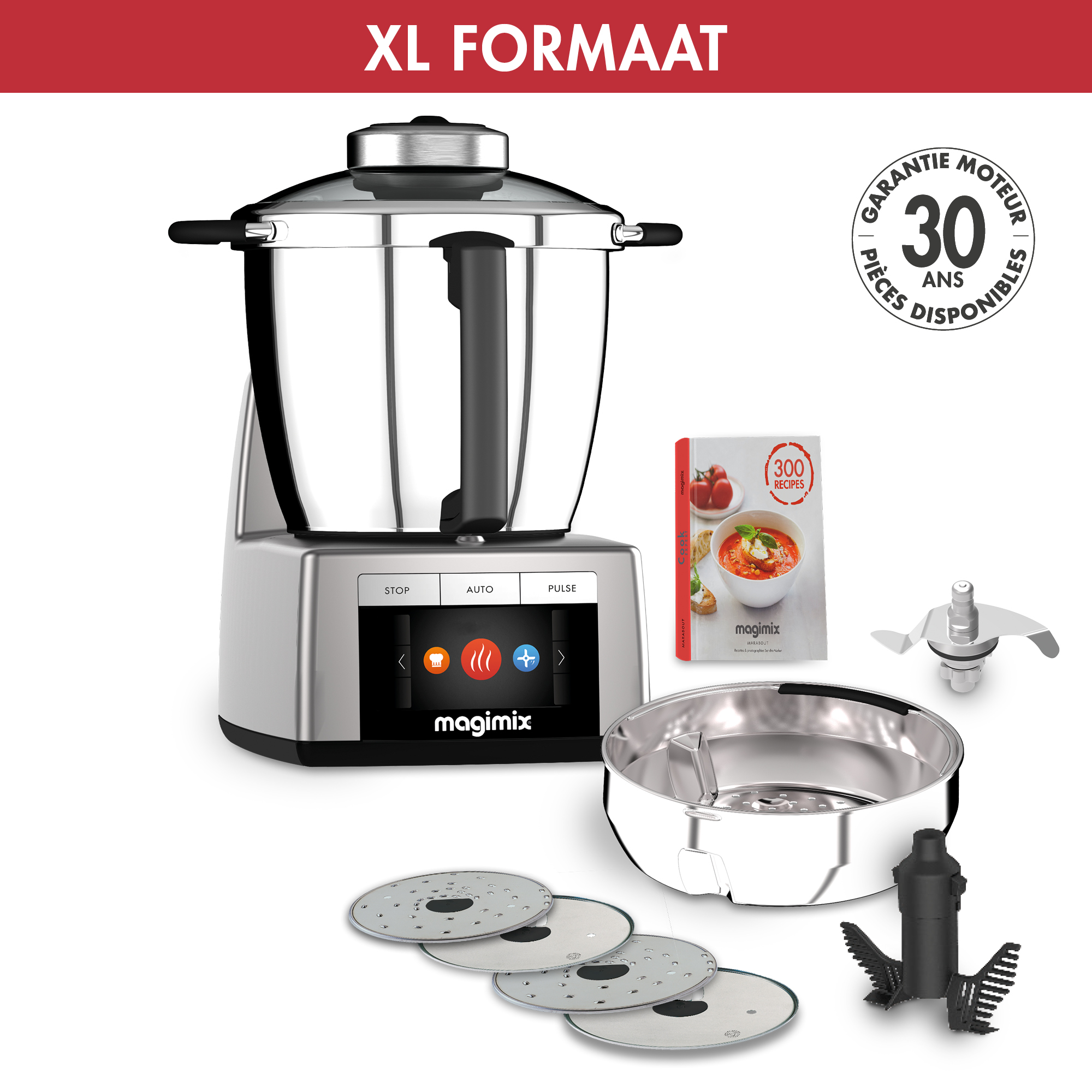 Food processor with various components, including blades and a recipe book.