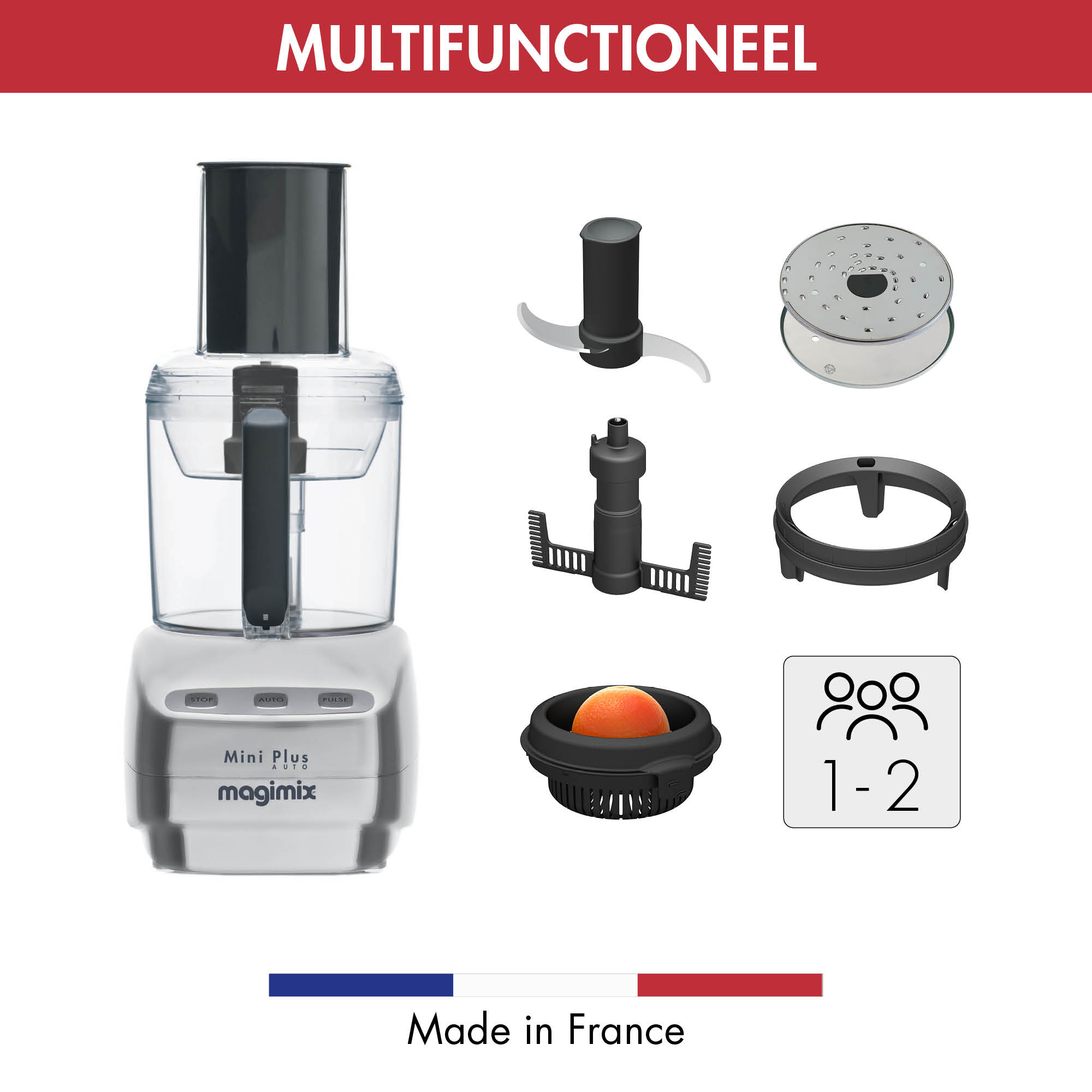 Een keukenmachine met verschillende onderdelen. De keukenmachine is zilver.