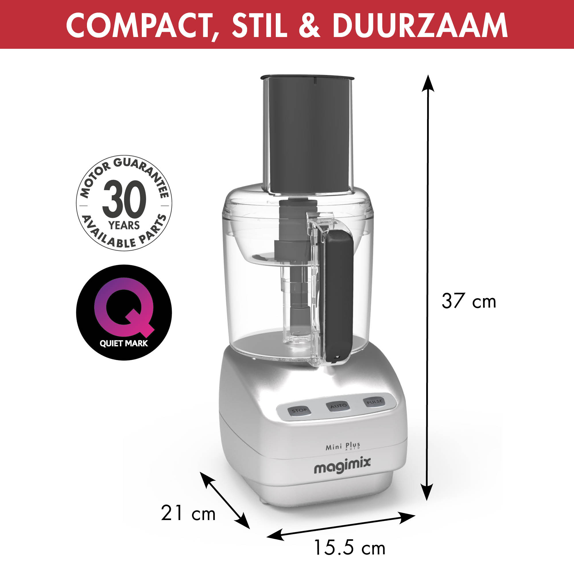Witte en zilveren keukenmachine. Tekst: 'Compact, stil & duurzaam'. Afmetingen vermeld.