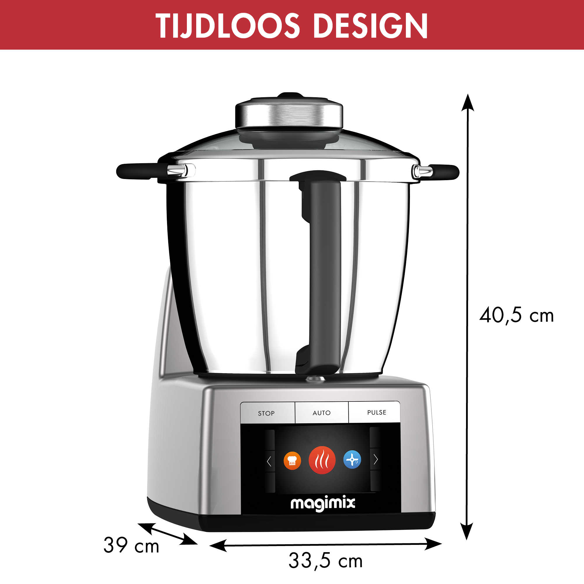 A silver and black food processor with dimensions: 39x33.5x40.5 cm, labeled 'magimix'.