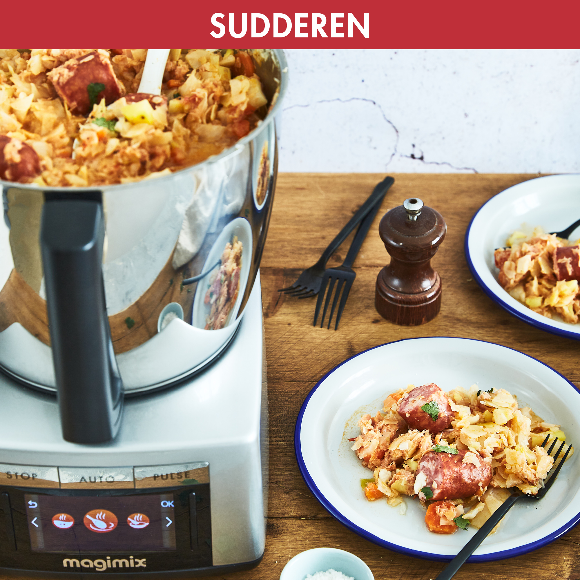 Food in a pot on a stove, and plates with food. A fork and pepper grinder are on the table.