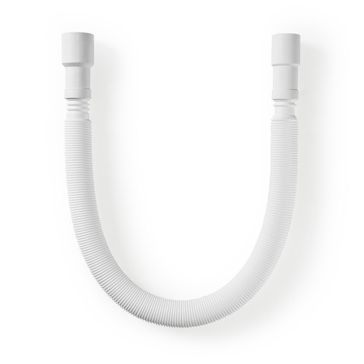 Witte flexibele gegolfde buis, in een U-vorm. Effen witte achtergrond.