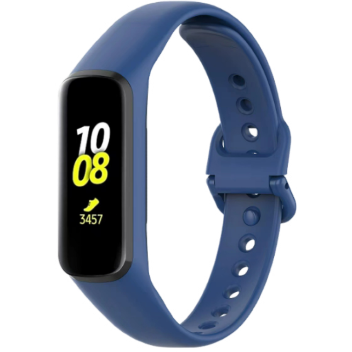 Niebieski tracker fitness. Pokazuje czas i kroki. Pasek w pasującym niebieskim kolorze.