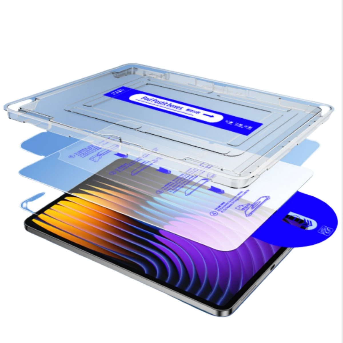 Ochraniacz ekranu tabletu z wieloma warstwami, w tym tabletem. Warstwy są przezroczyste i nałożone na siebie.