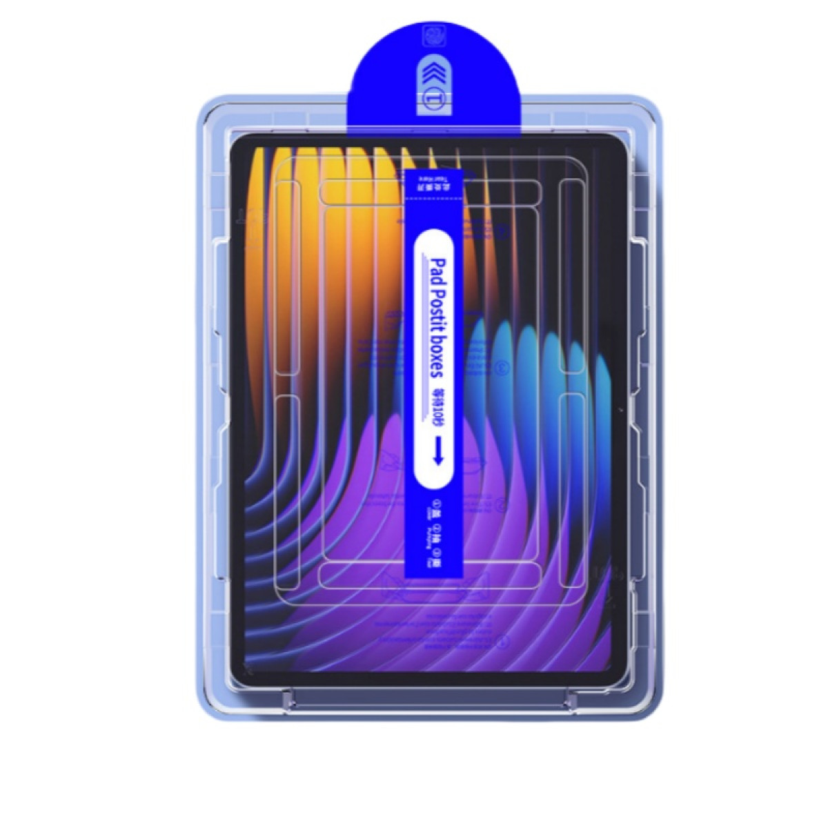 Ochraniacz ekranu tabletu w plastikowej tacy, z niebieskim przewodnikiem aplikacji.