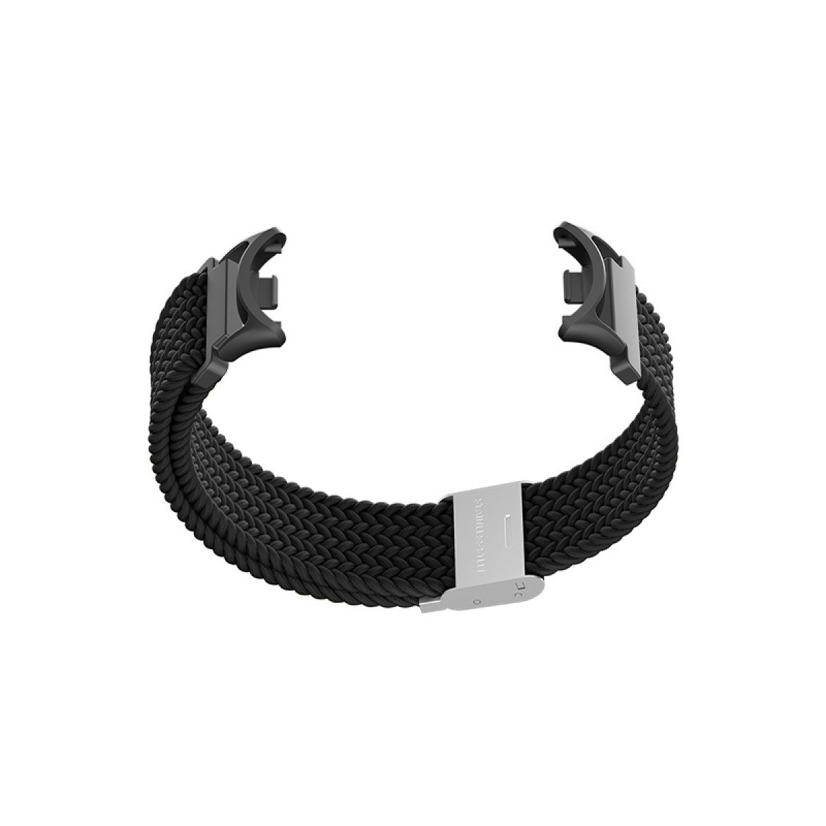 Czarny pleciony pasek do zegarka ze srebrną klamrą.