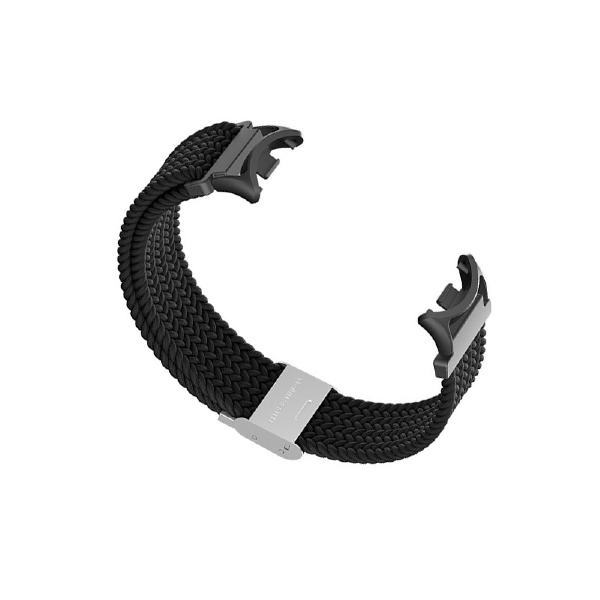 Czarny pleciony pasek do zegarka z zapięciami. Stal nierdzewna jest widoczna na zapięciu.