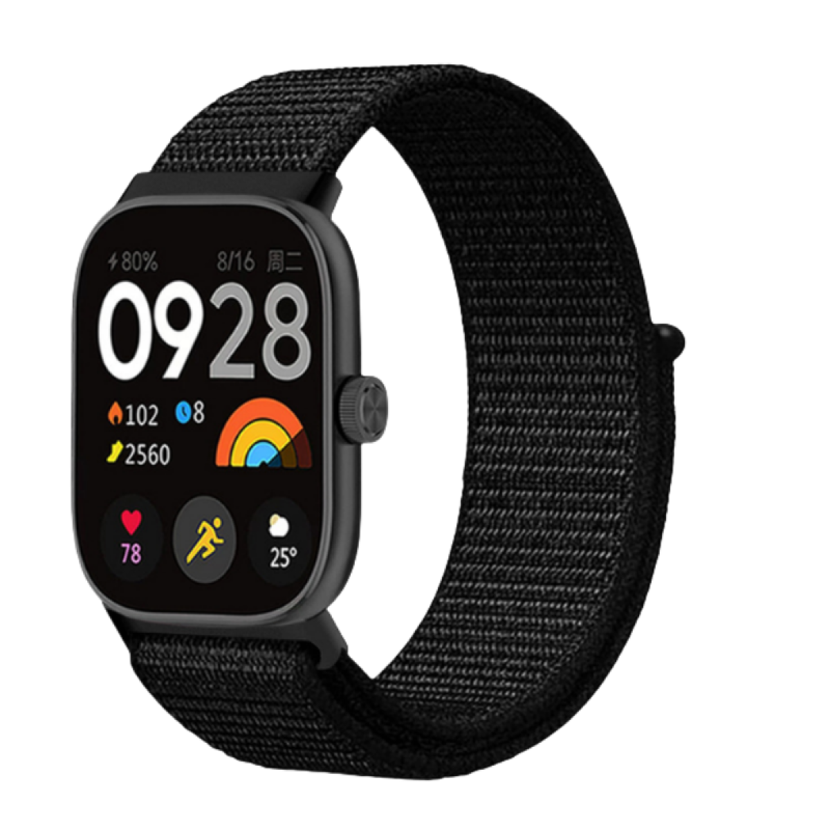 Czarny smartwatch z czarnym paskiem z tkaniny. Zegarek ma wyświetlacz cyfrowy.