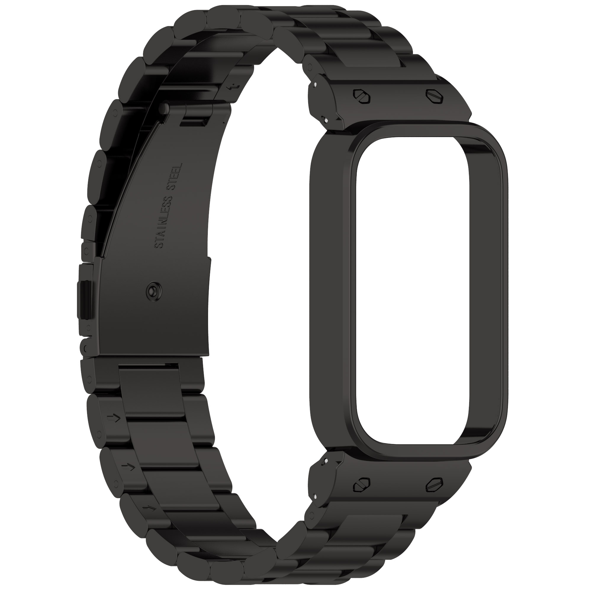Schwarzes Uhrenarmband mit Edelstahlakzenten. Rechteckiger Uhrenrahmen. Das Band ist offen.