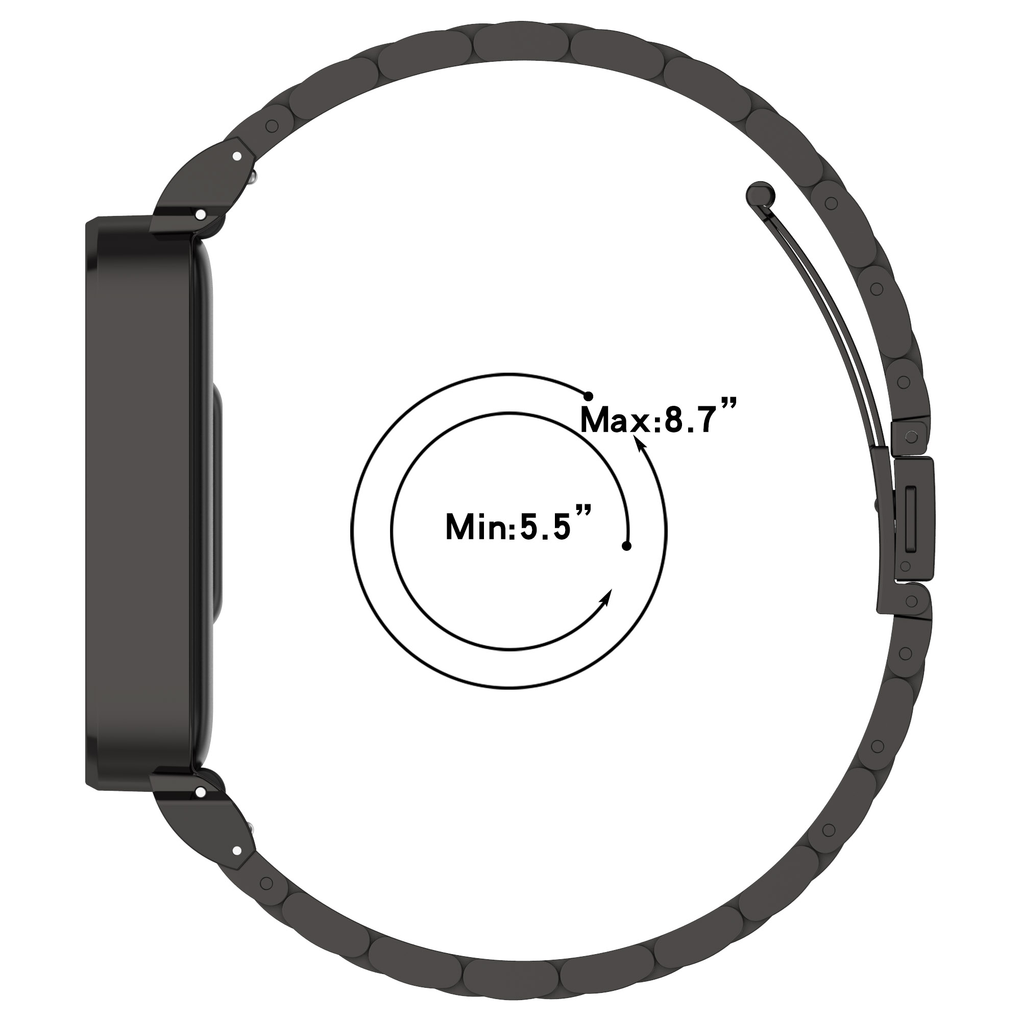 Eine schwarze Smartwatch mit Metallband, die minimale und maximale Handgelenkgrößen zeigt.