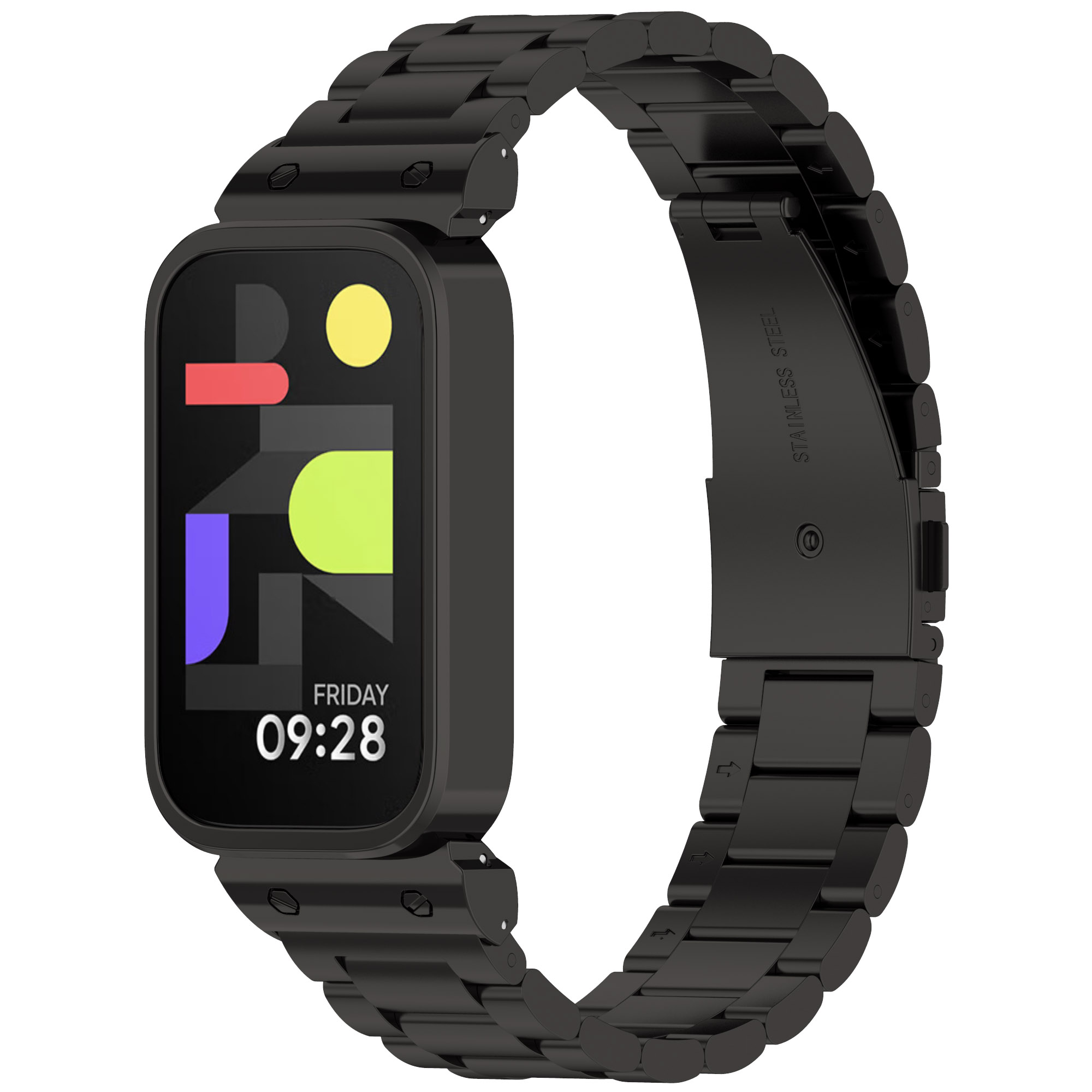 Schwarze Smartwatch mit Grafikdisplay, verbunden mit einem schwarzen Metallarmband.