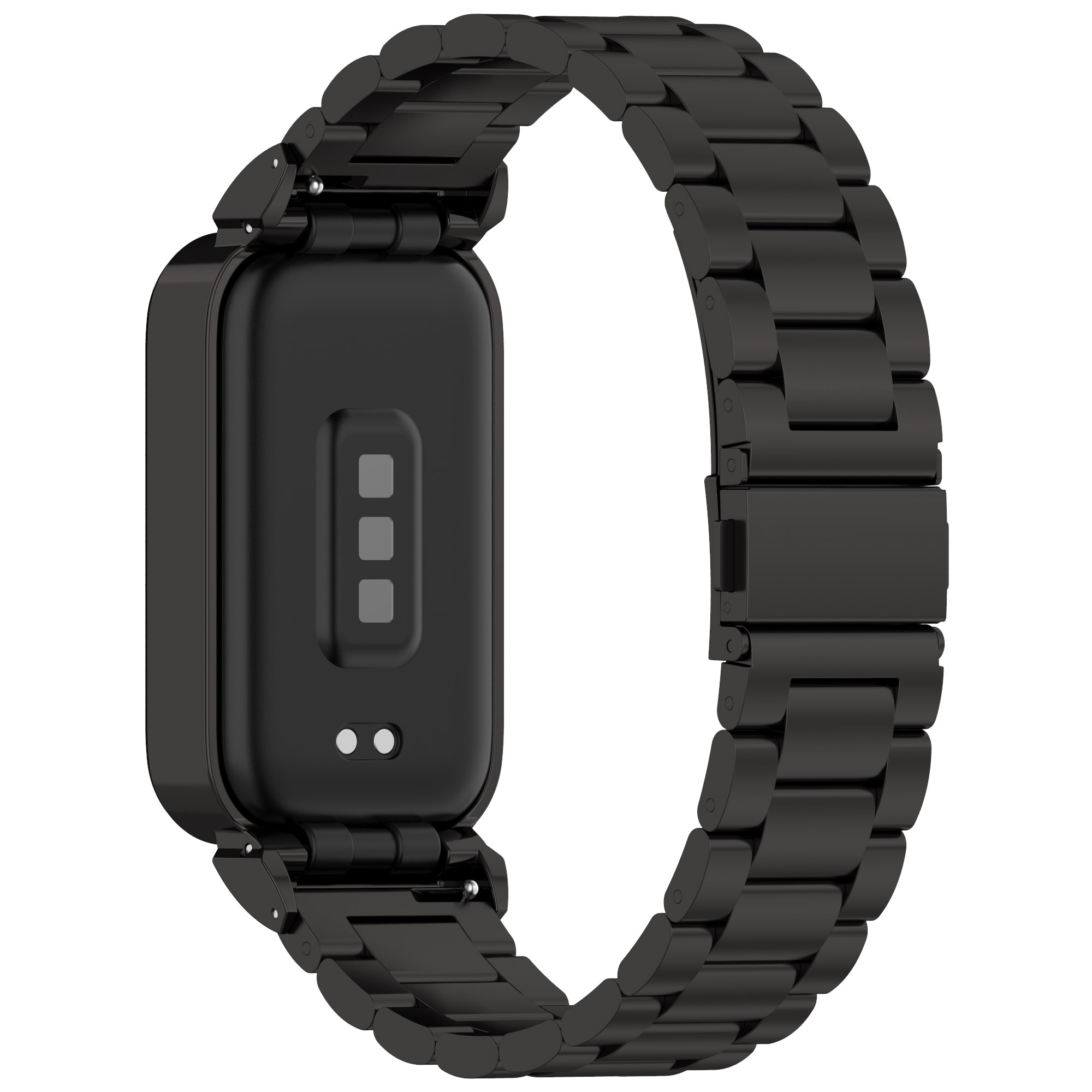 Schwarzes Smartwatch-Armband. Es ist ein Metallarmband mit rechteckigem Uhrenansatz.
