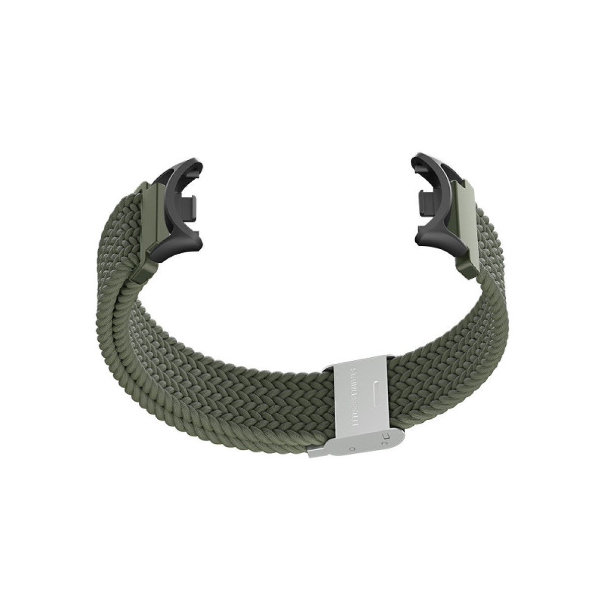 Geflochtenes olivgrünes Uhrenarmband mit Metallschnalle und schwarzen Verbindern. Geflochtene Textur sichtbar.