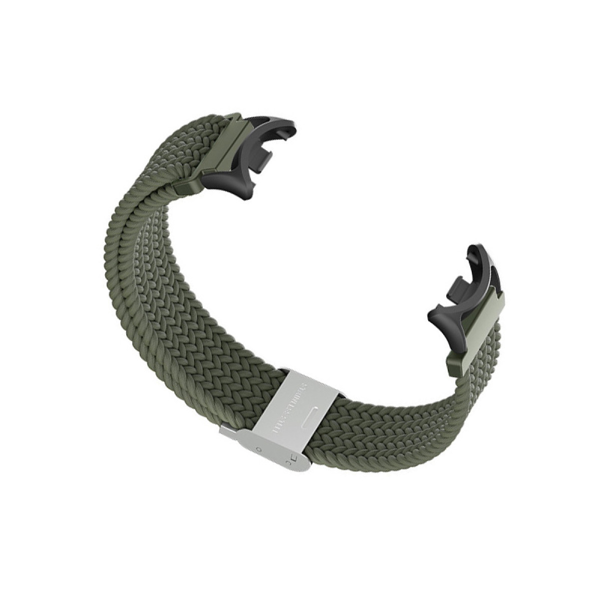 Ein olivgrünes, geflochtenes Uhrenarmband. Es hat schwarze Stecker und eine silberne Schnalle. Der Hintergrund ist weiß.