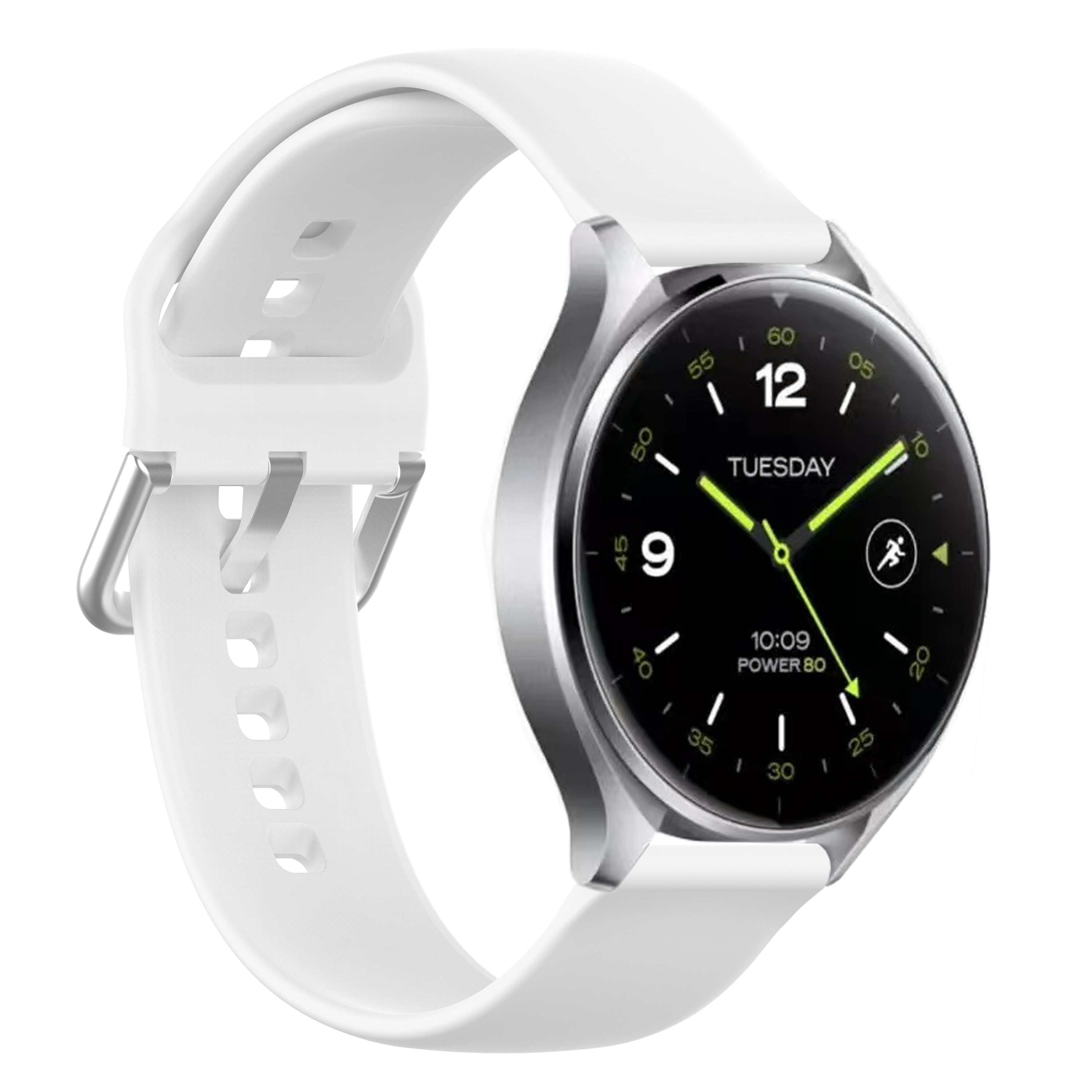 Biały smartwatch z czarnym ekranem wyświetlającym godzinę. Posiada biały pasek.