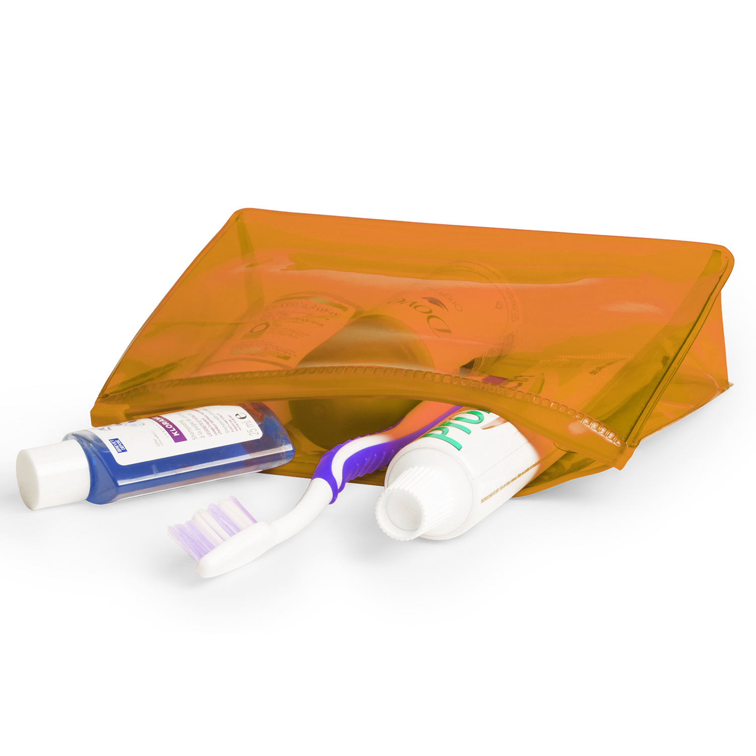 Bolsa de aseo transparente naranja con loción azul, cepillo de dientes, pasta dental. Fondo blanco.