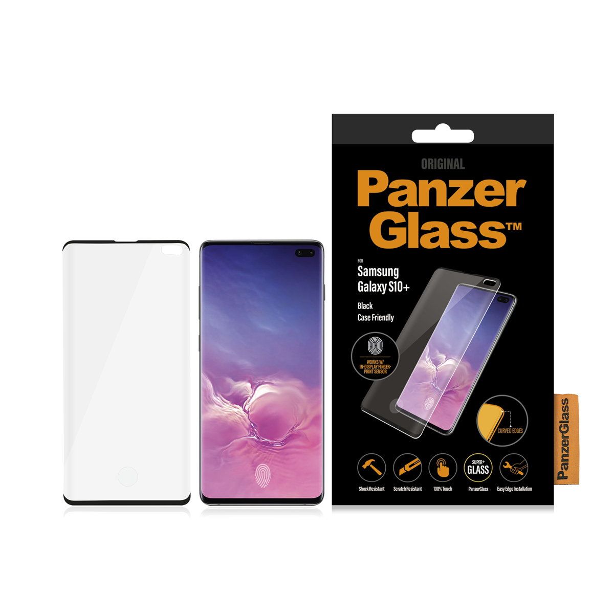 Scatola di PanzerGlass per Samsung Galaxy S10+. Sono mostrati telefono e protezione schermo.