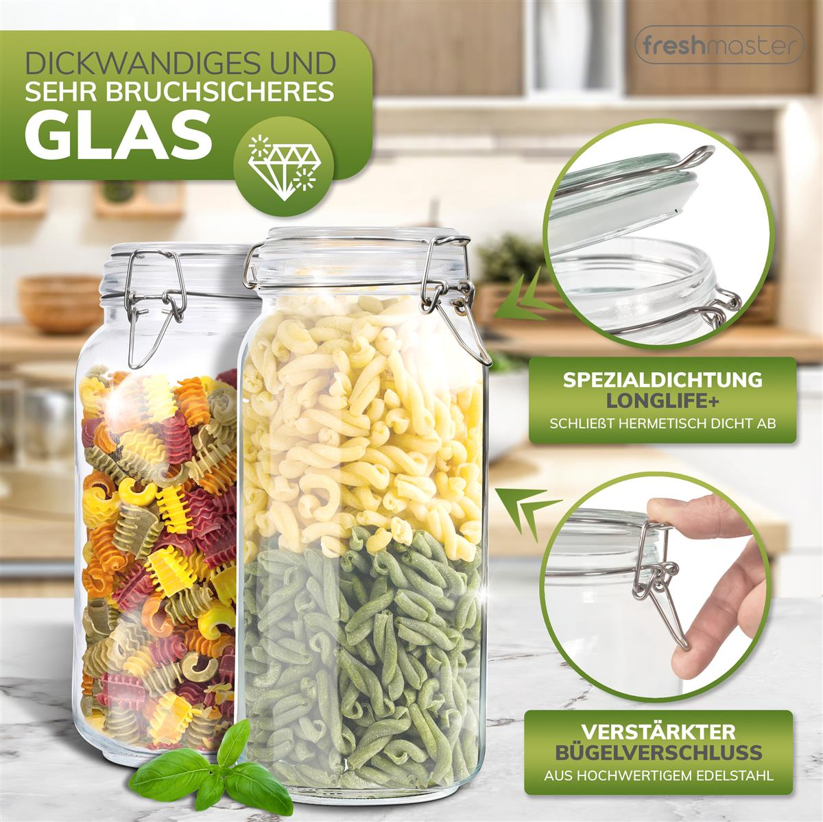 Zwei Gläser gefüllt mit Pasta. Text: Dickwandiges und sehr bruchsicheres Glas, Spezialdichtung Longlife+.