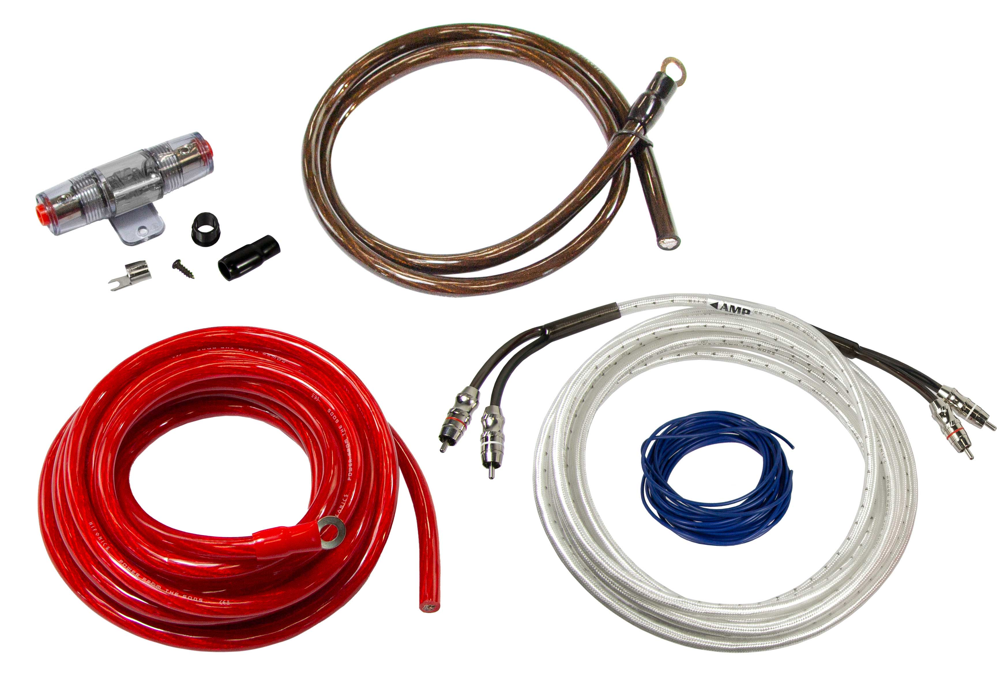 Kfz-Audio-Verkabelungssatz. Enthält rotes Stromkabel, braunes Massekabel, Sicherung, Cinch-Kabel und ein blaues Kabel.