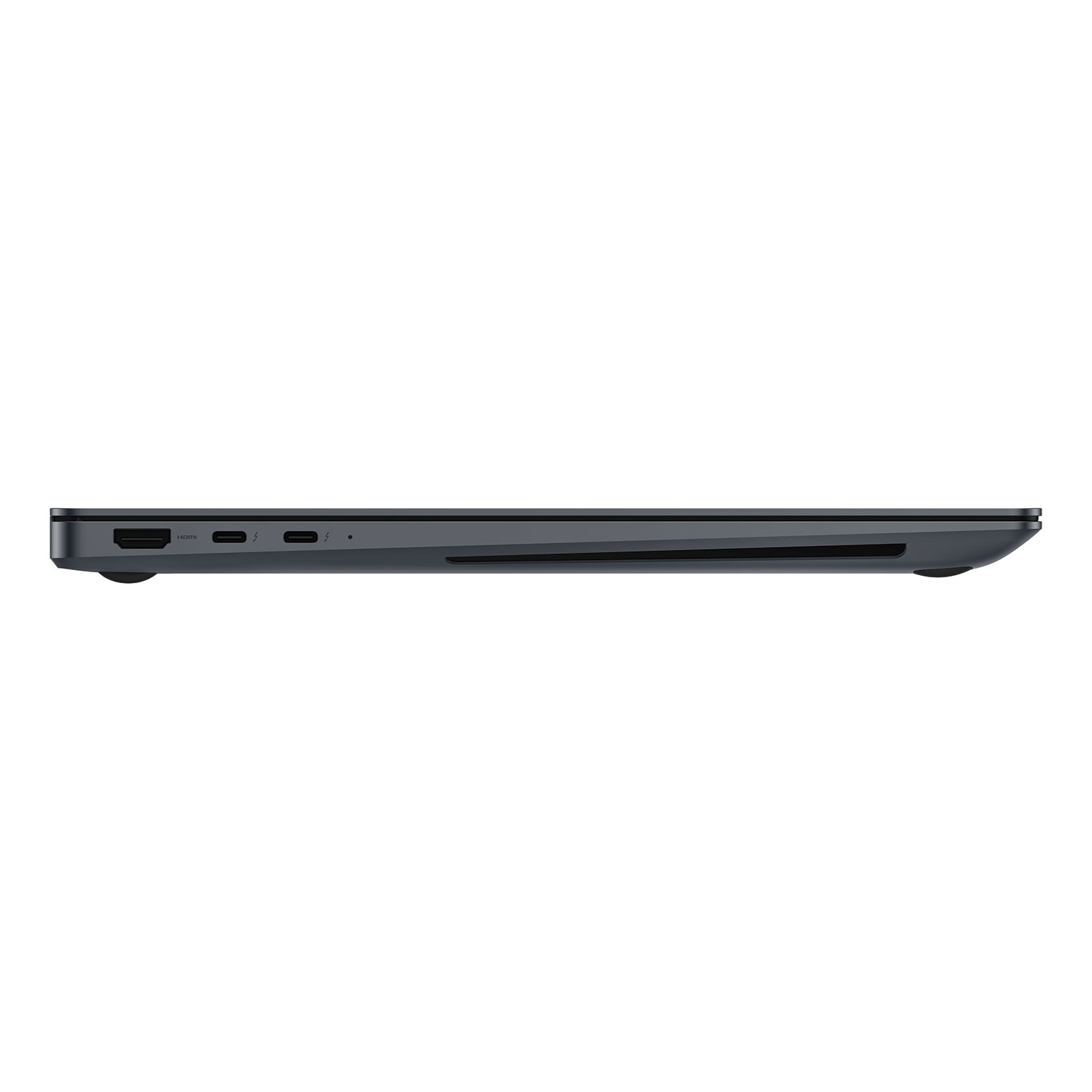 Ein dunkelgrauer Laptop wird von der Seite gesehen. Der Laptop ist geschlossen.