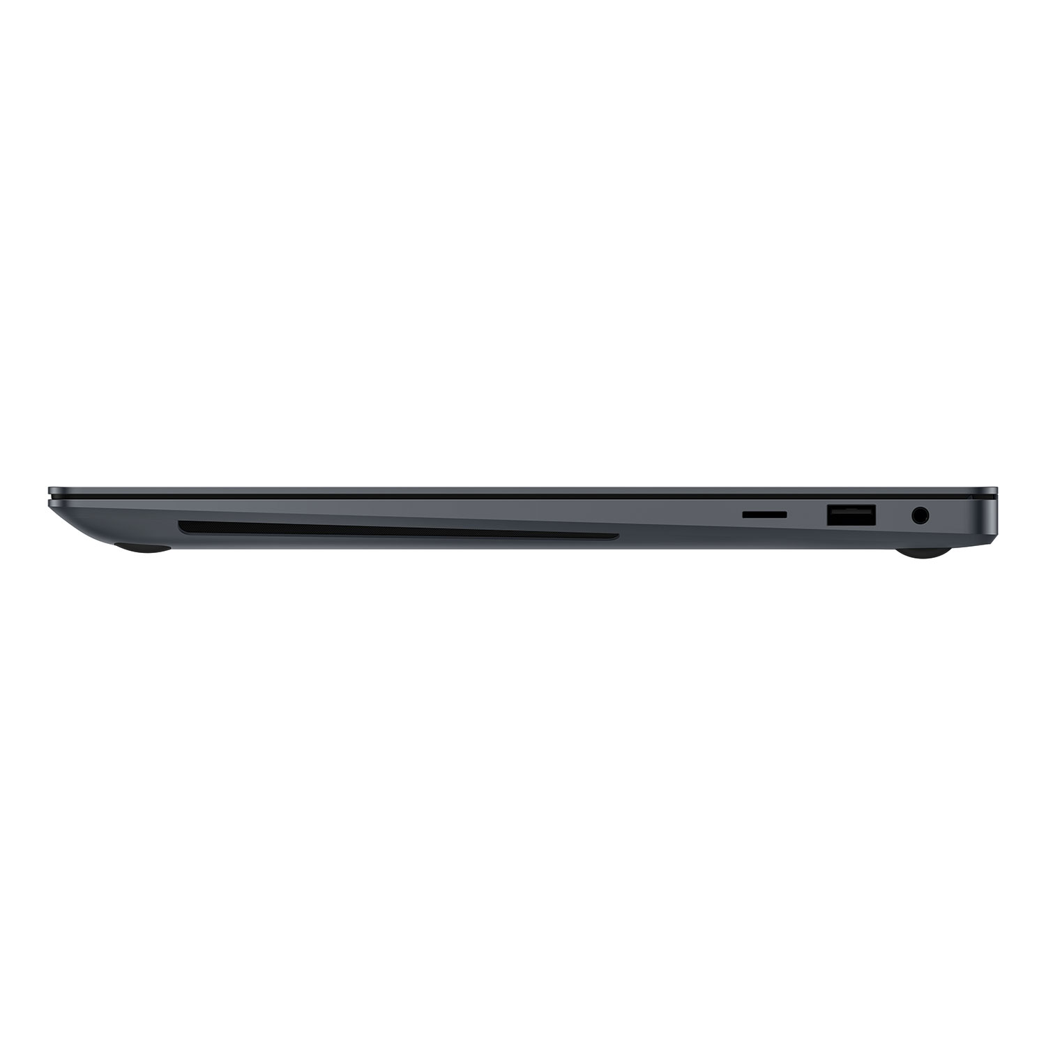 Ein schlankes, dunkelgraues Laptop-Profil, das die Seite mit Anschlüssen und einem kleinen Lautsprecher zeigt.