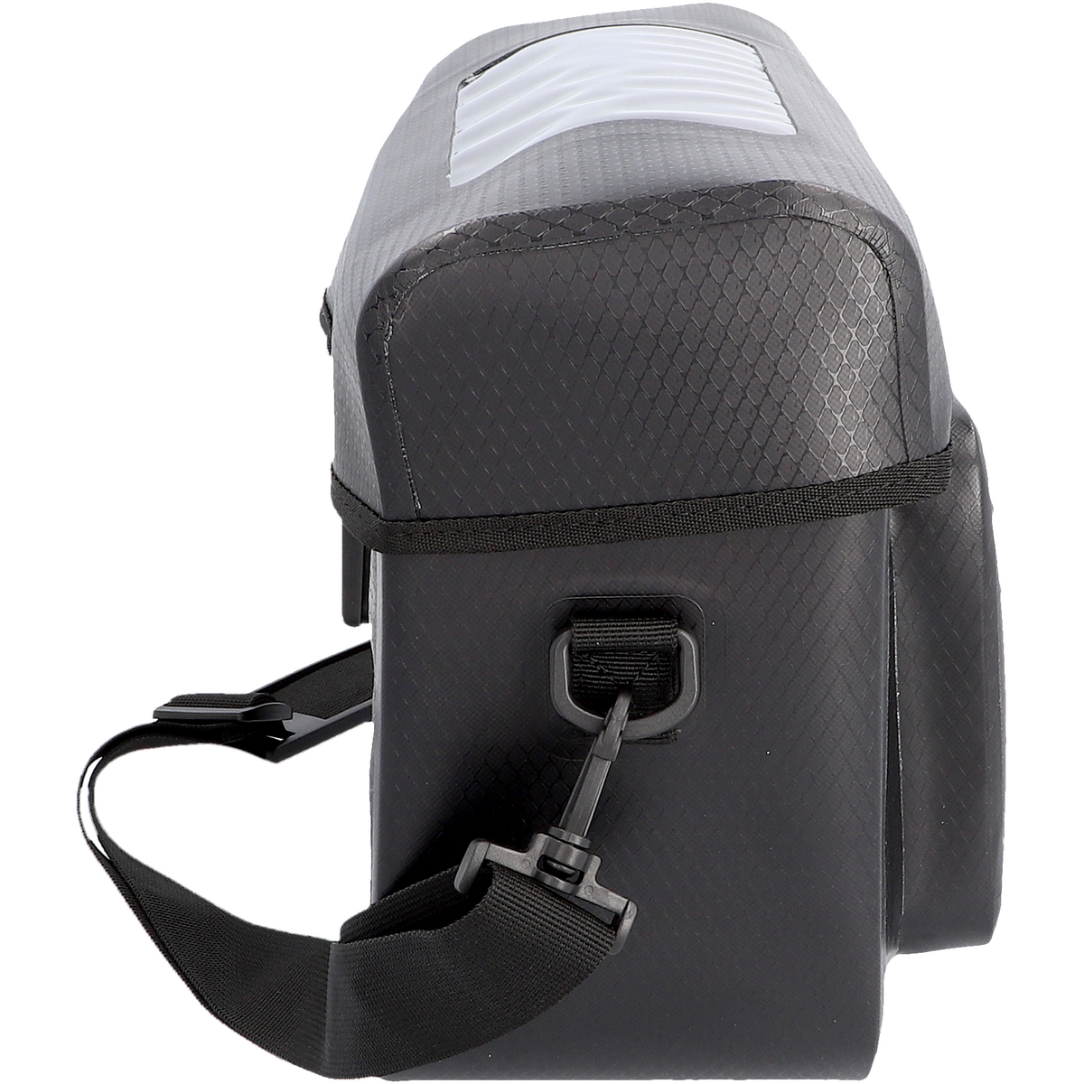 Schwarze Tasche mit Griff, Schulterriemen und durchsichtigem Kunststoff oben.