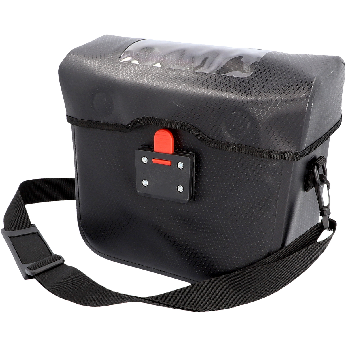 Schwarze wasserdichte Fahrradtasche mit transparentem Deckel und schwarzem Schultergurt.