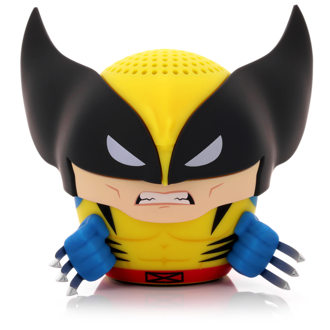 Altoparlante a forma di Wolverine con colori giallo e blu, orecchie nere, espressione arrabbiata e logo Marvel.
